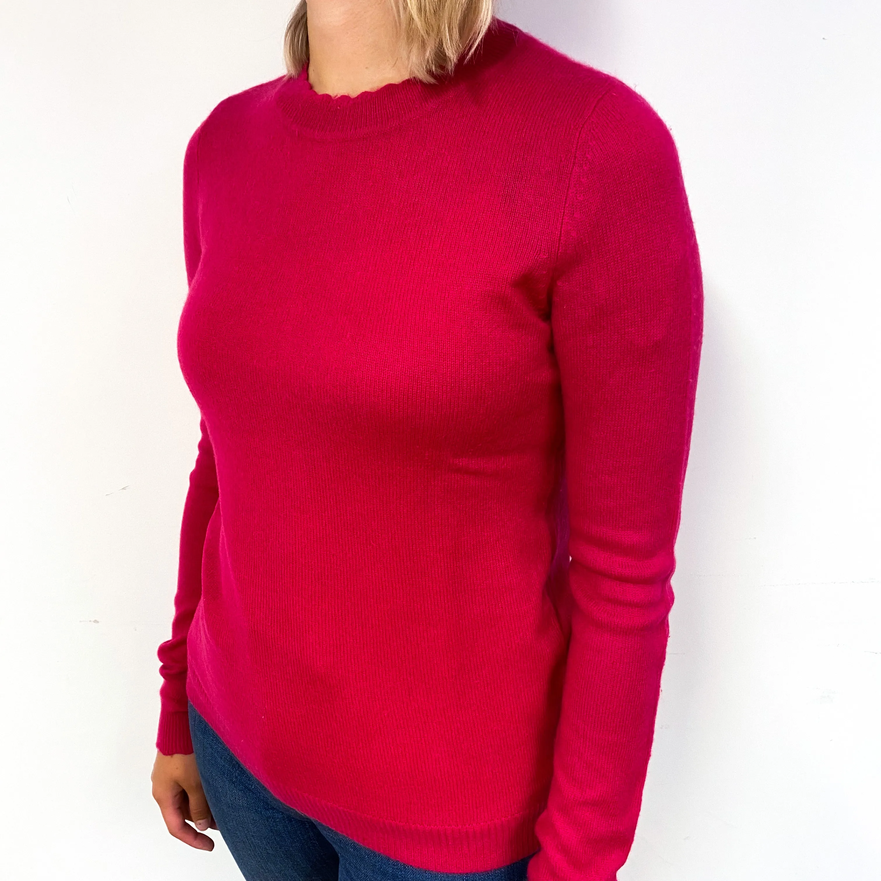 Fuchsia Pink Cashmere Scalloped Crew Neck Jumper Small