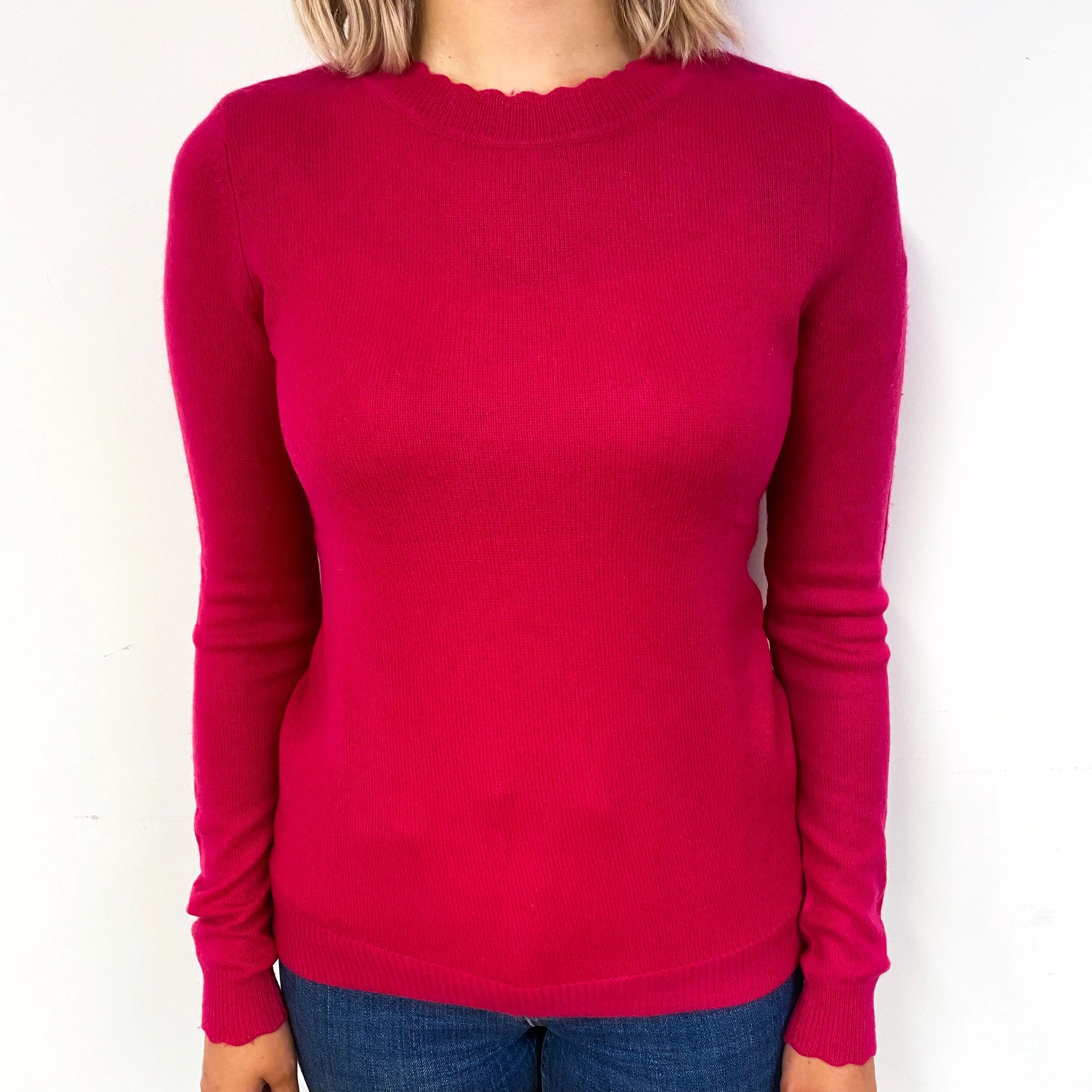 Fuchsia Pink Cashmere Scalloped Crew Neck Jumper Small