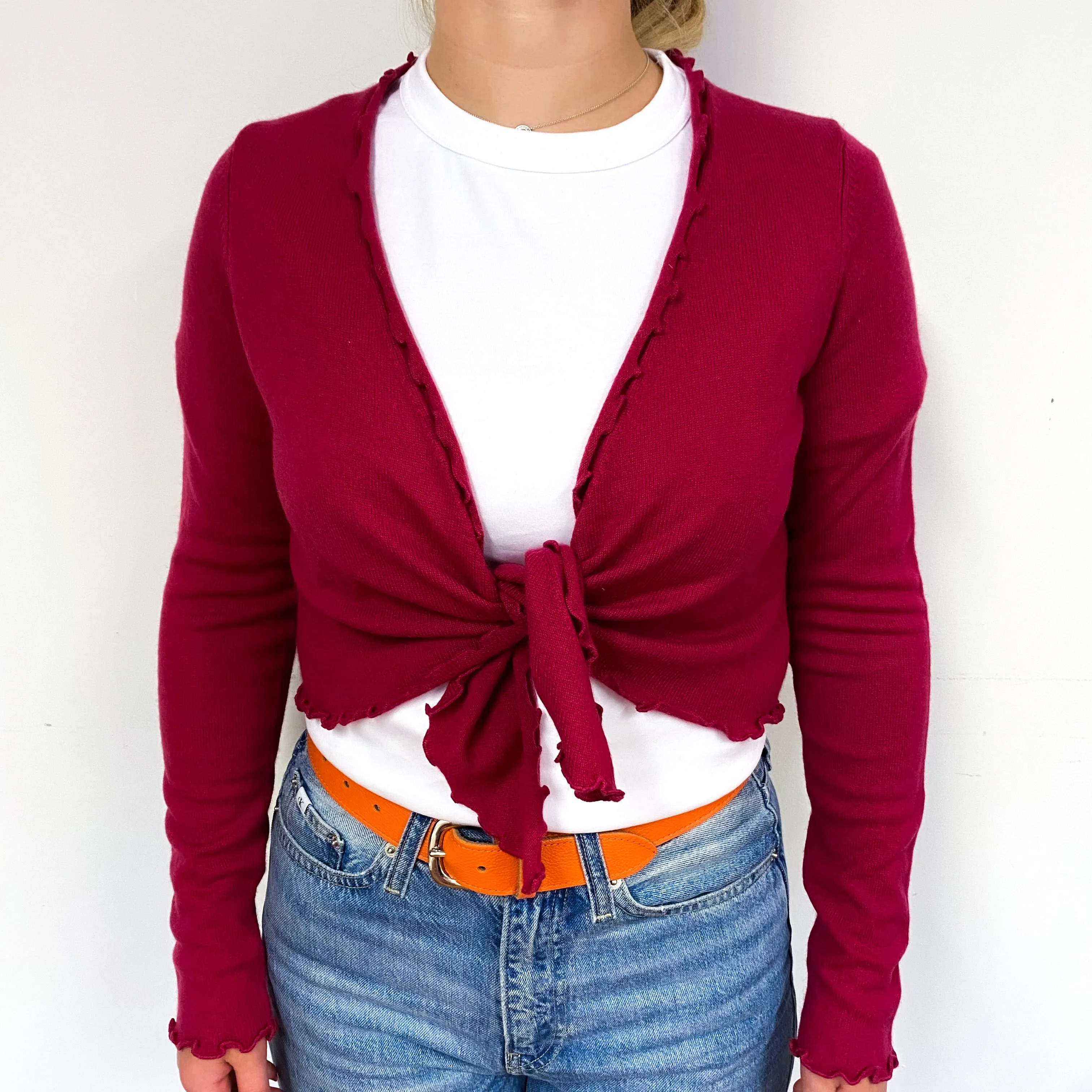 Fuchsia Pink Cashmere Tie Front Cropped Cardigan Small