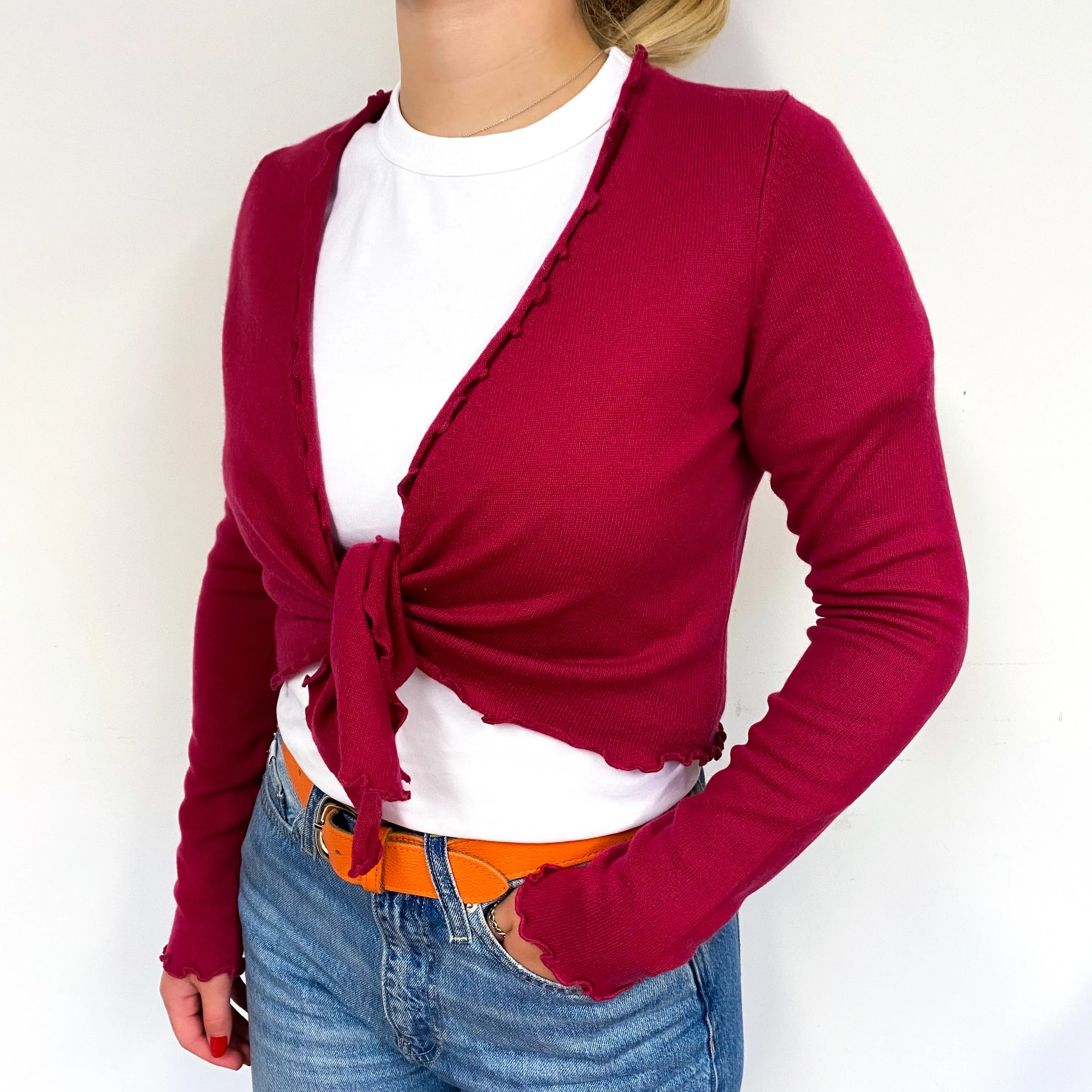 Fuchsia Pink Cashmere Tie Front Cropped Cardigan Small