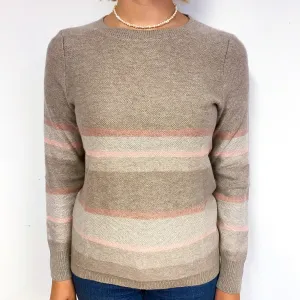 Fudge Brown Blush Stripe Cashmere Crew Neck Jumper Small