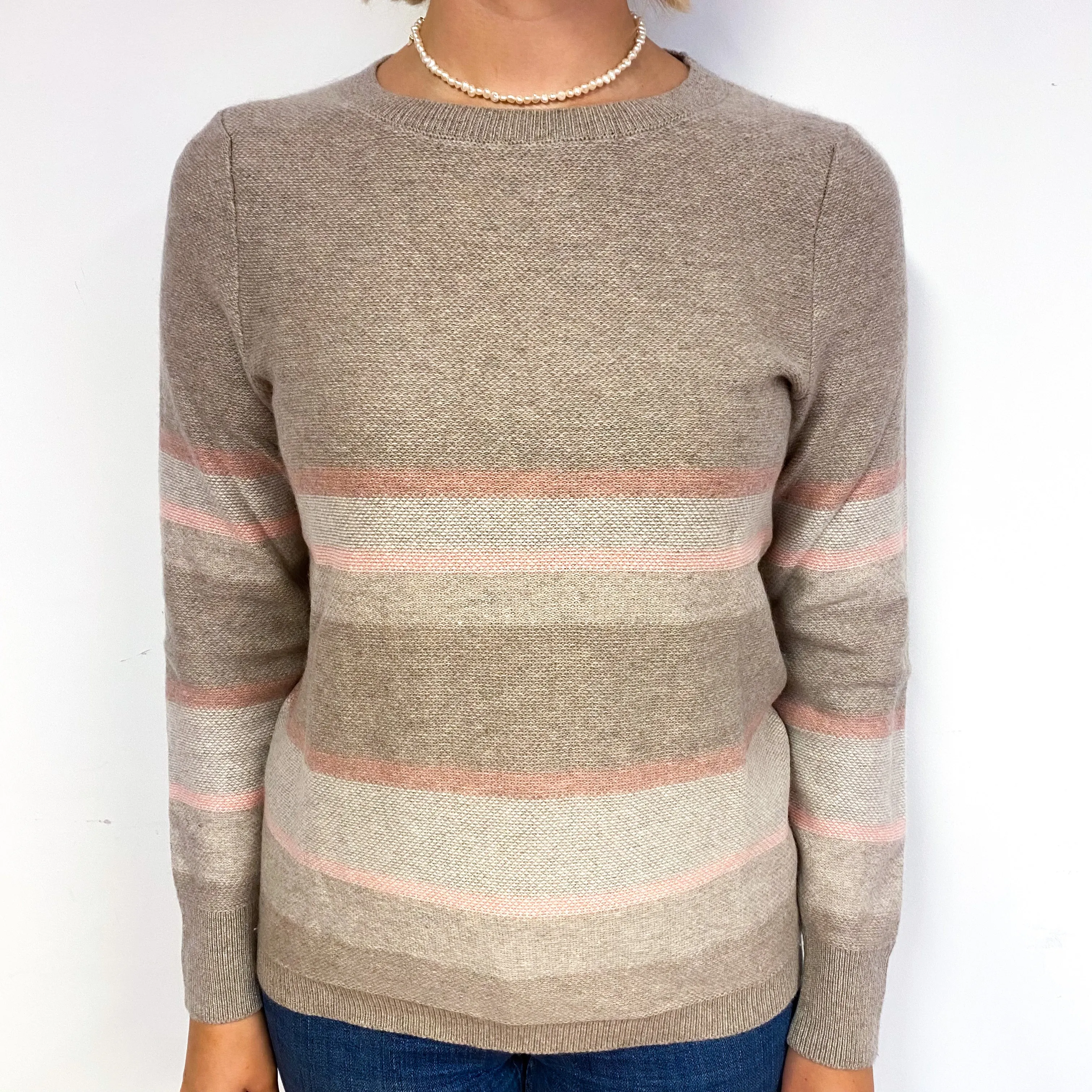 Fudge Brown Blush Stripe Cashmere Crew Neck Jumper Small