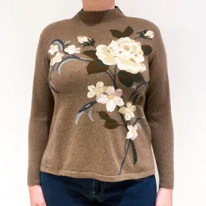 Fudge Brown Floral Design Cashmere Turtle Neck Jumper Large
