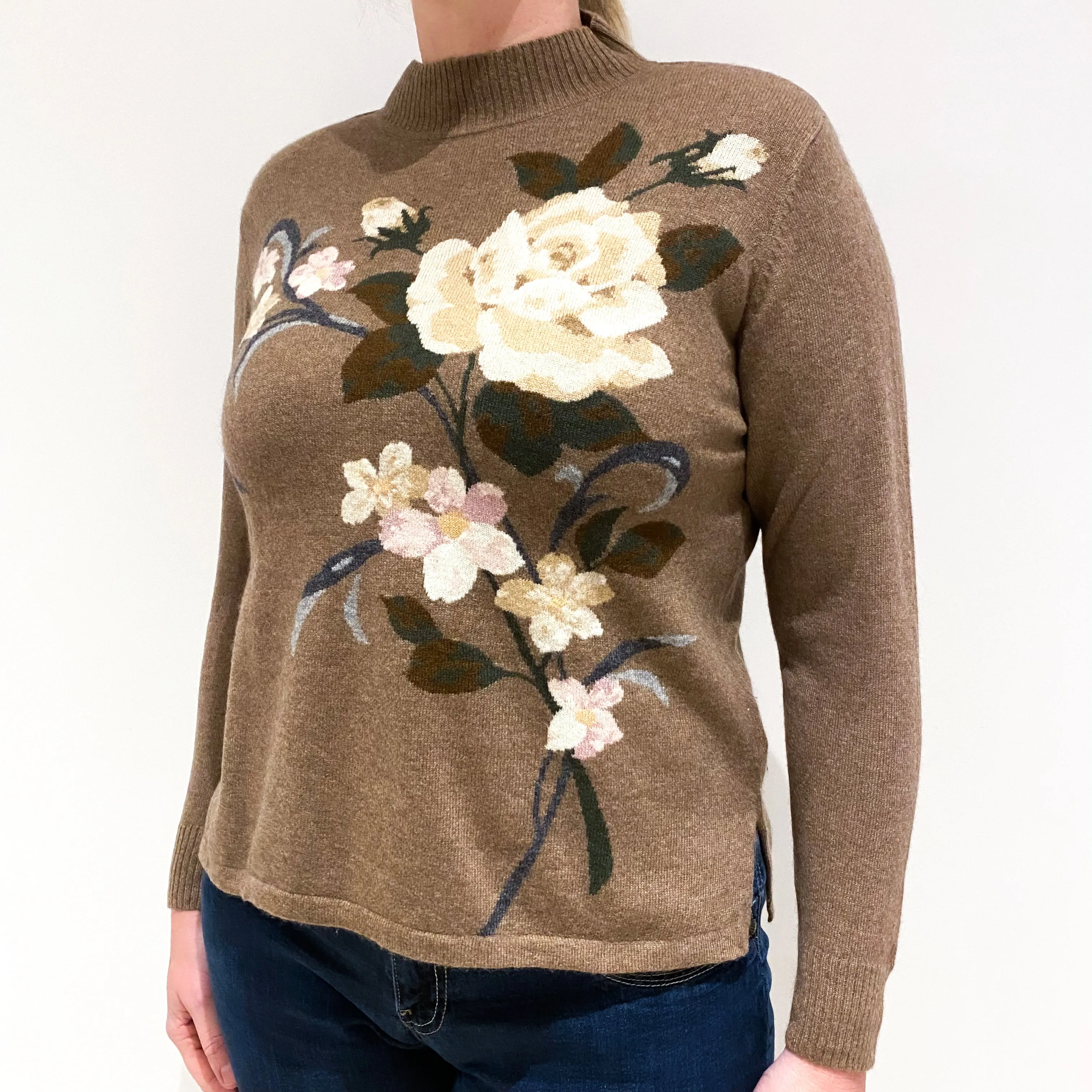 Fudge Brown Floral Design Cashmere Turtle Neck Jumper Large