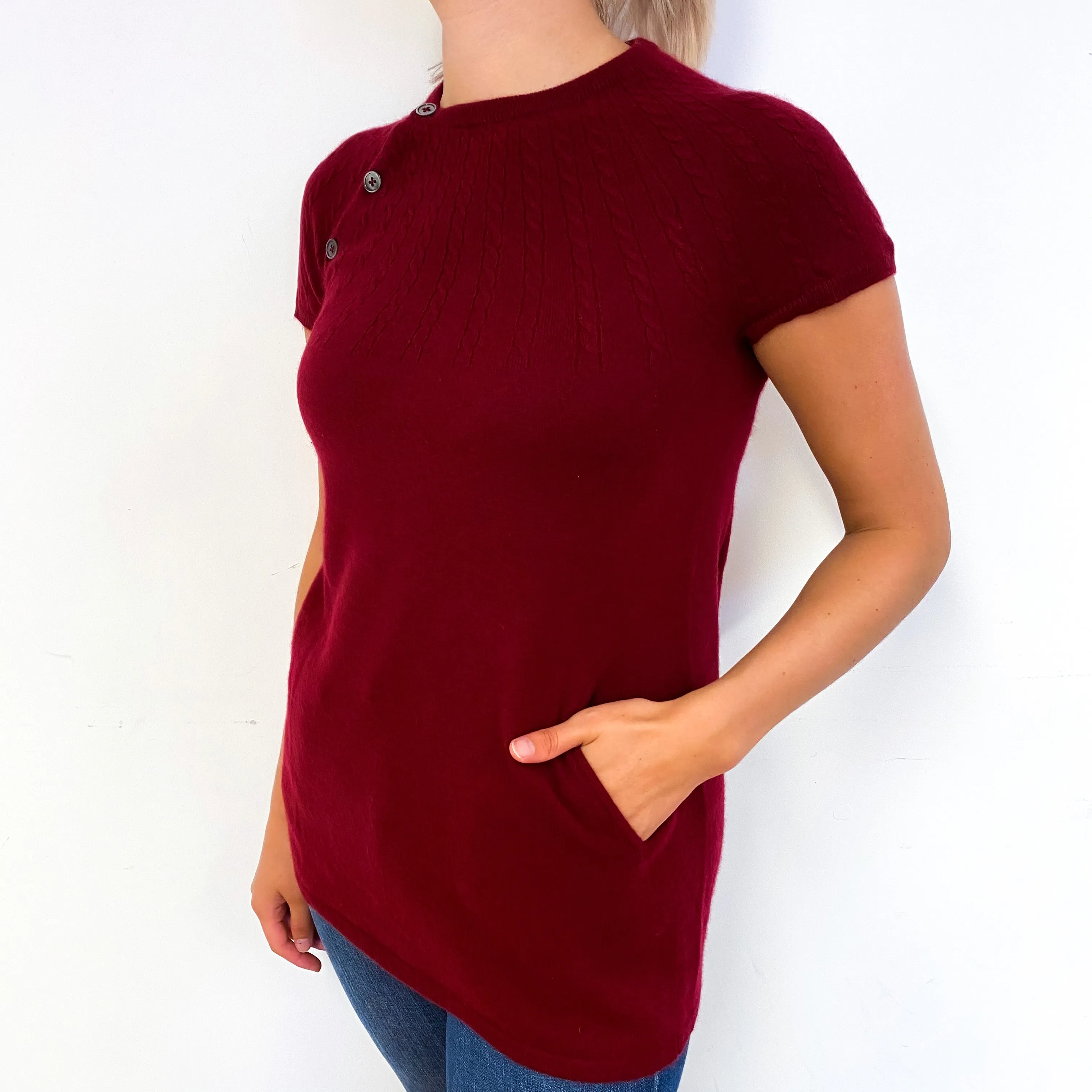 Garnet Red Short Sleeve Cashmere Crew Neck Jumper Small