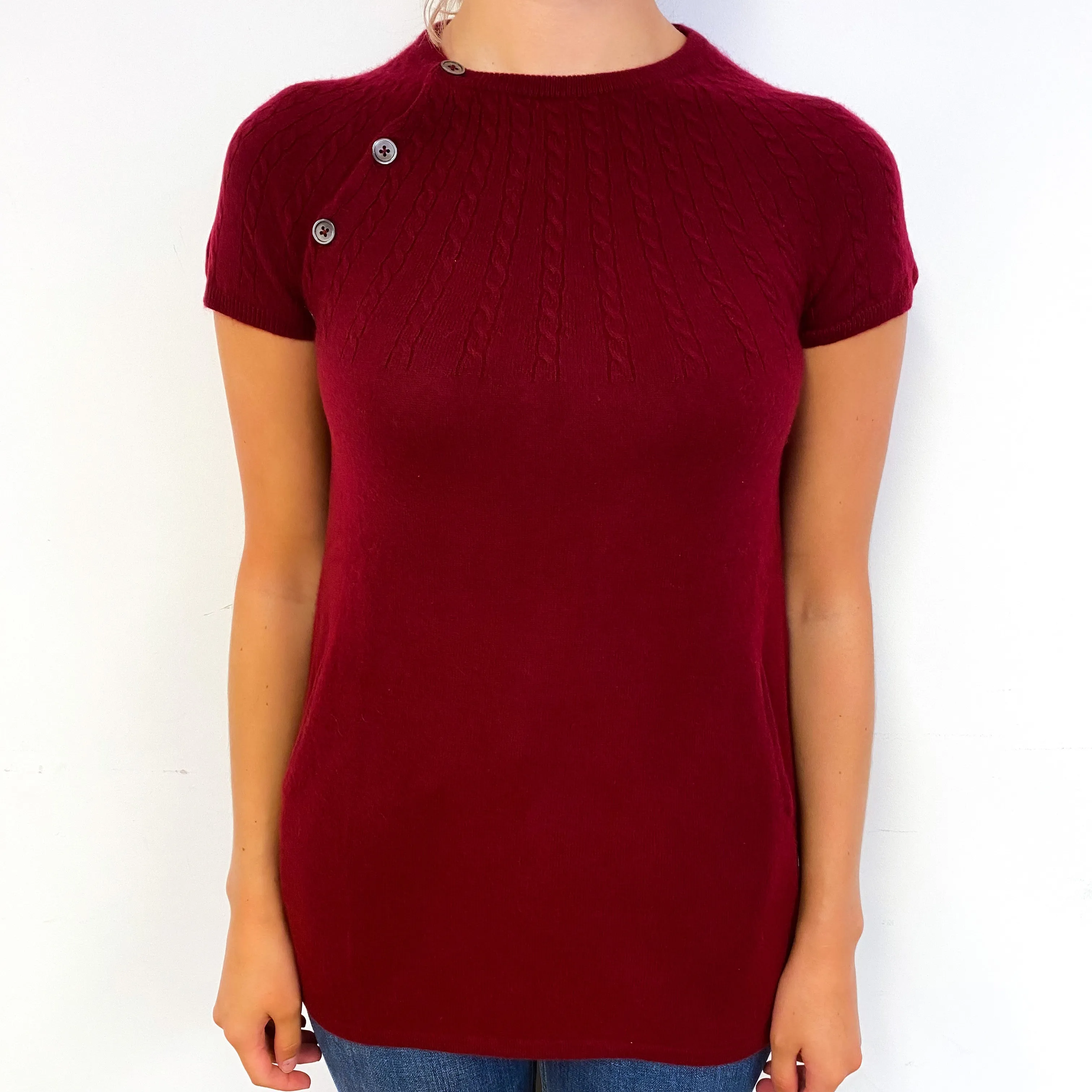 Garnet Red Short Sleeve Cashmere Crew Neck Jumper Small