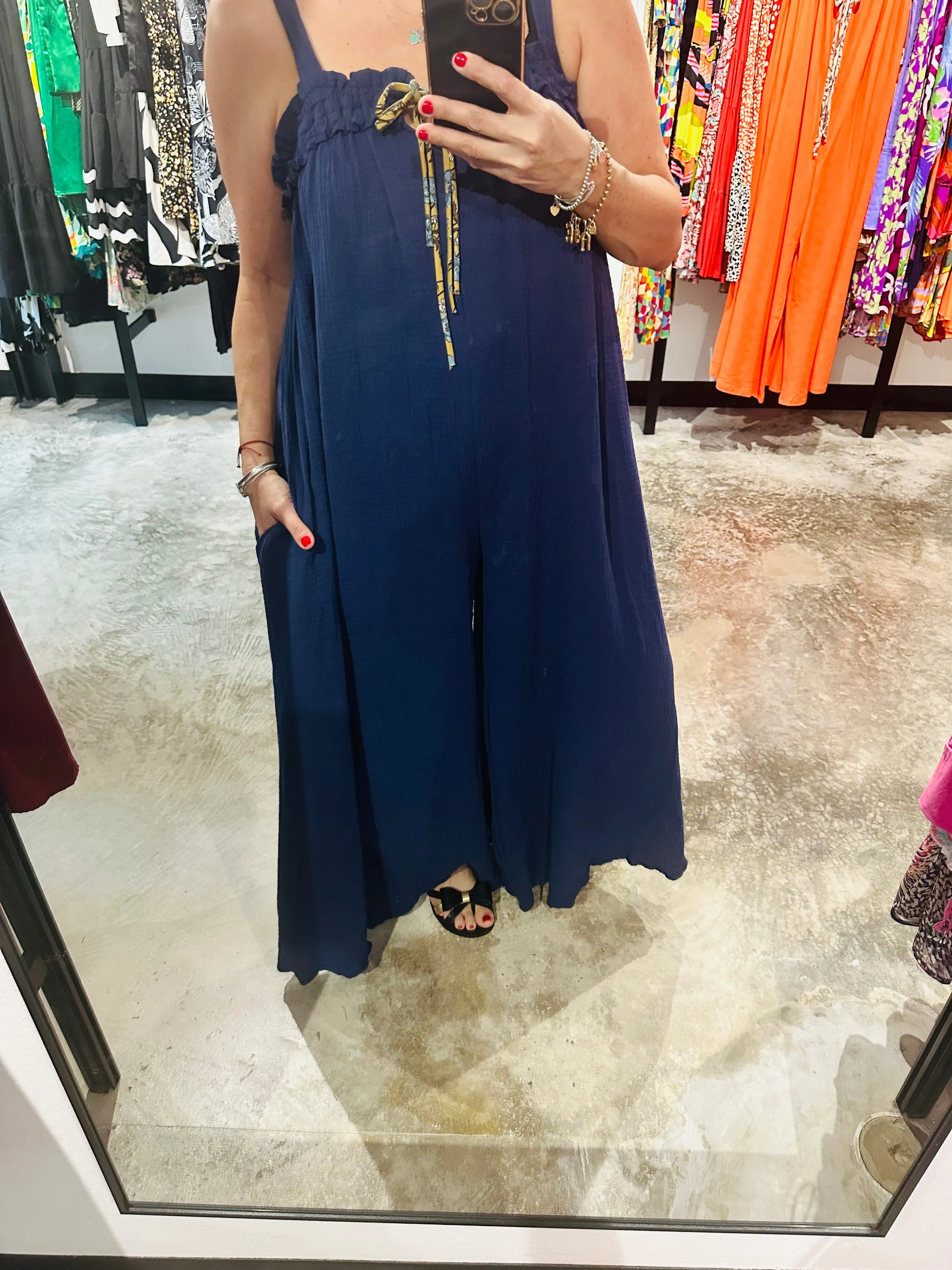 Gauze Ruffle Detail in Navy Jumpsuit