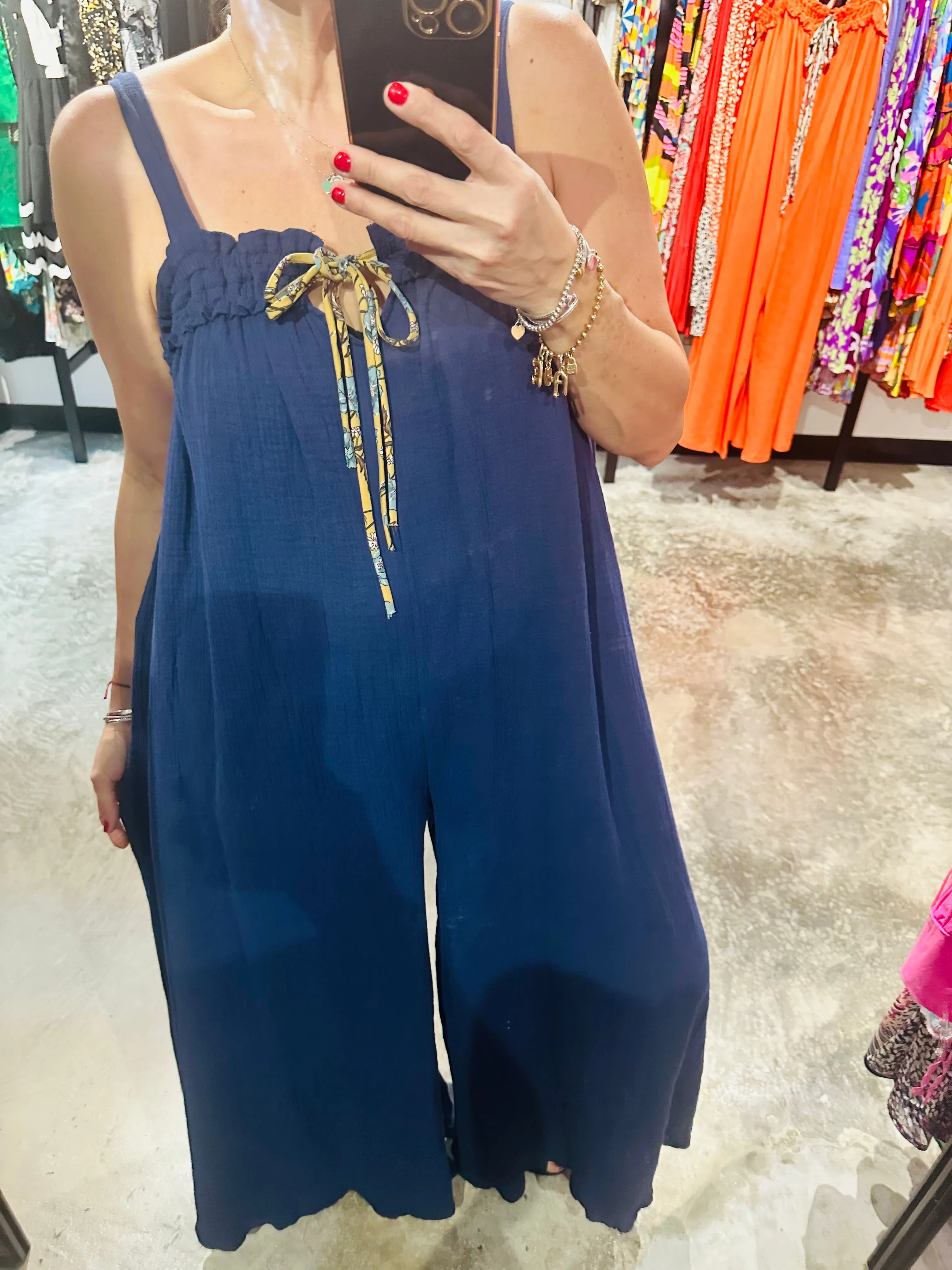 Gauze Ruffle Detail in Navy Jumpsuit