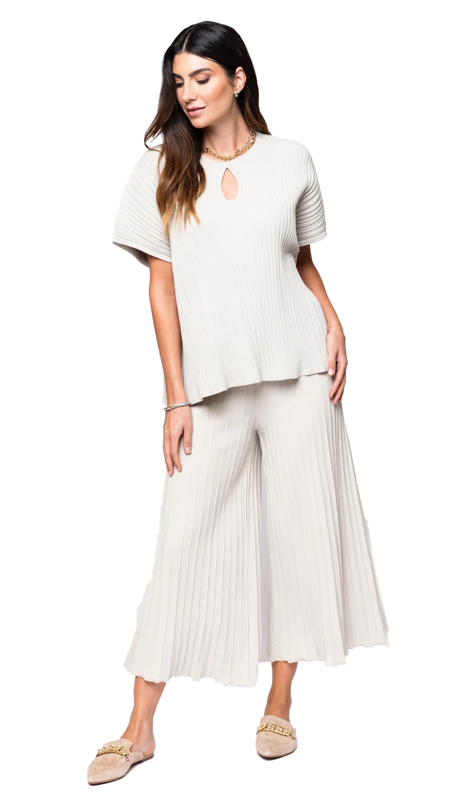 Giuliana Plisse-Look Cropped Wide Leg Pants; Beige