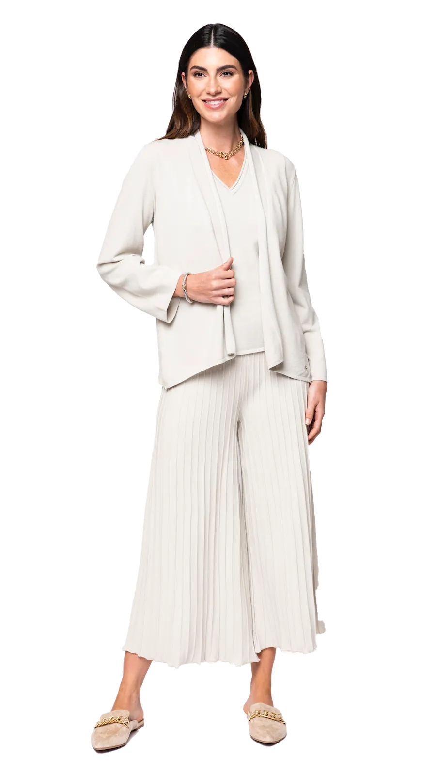 Giuliana Plisse-Look Cropped Wide Leg Pants; Beige