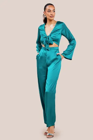 Goddiva Cut Out Satin Jumpsuit With Tie-Up
