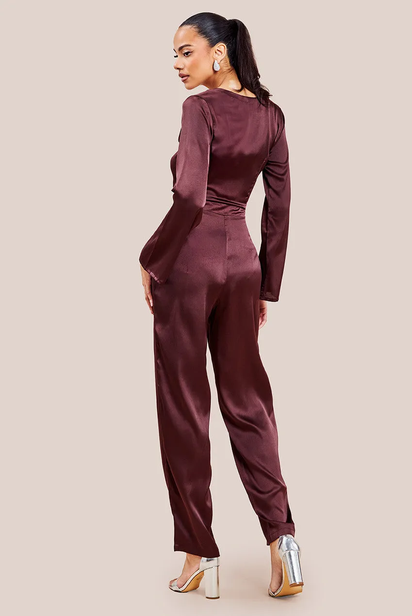 Goddiva Cut Out Satin Jumpsuit With Tie-Up