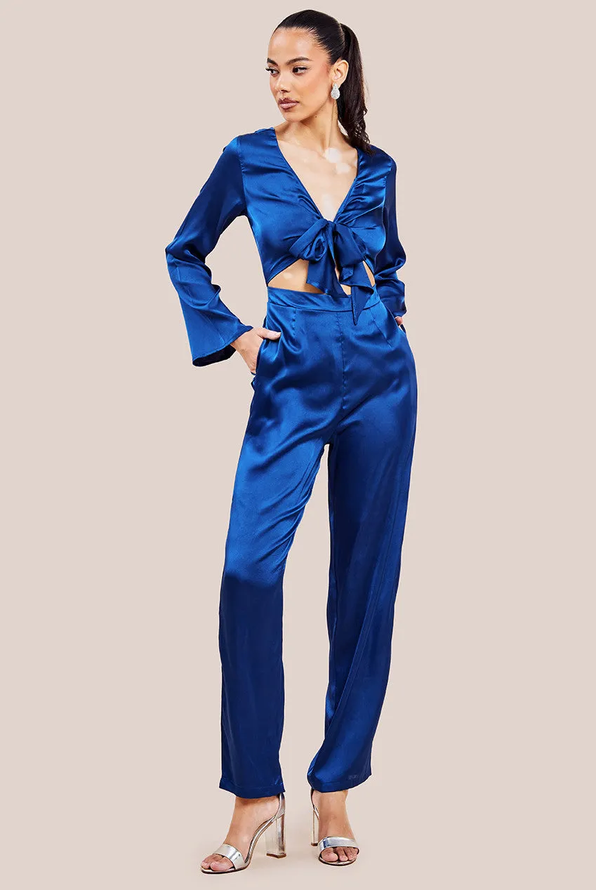 Goddiva Cut Out Satin Jumpsuit With Tie-Up
