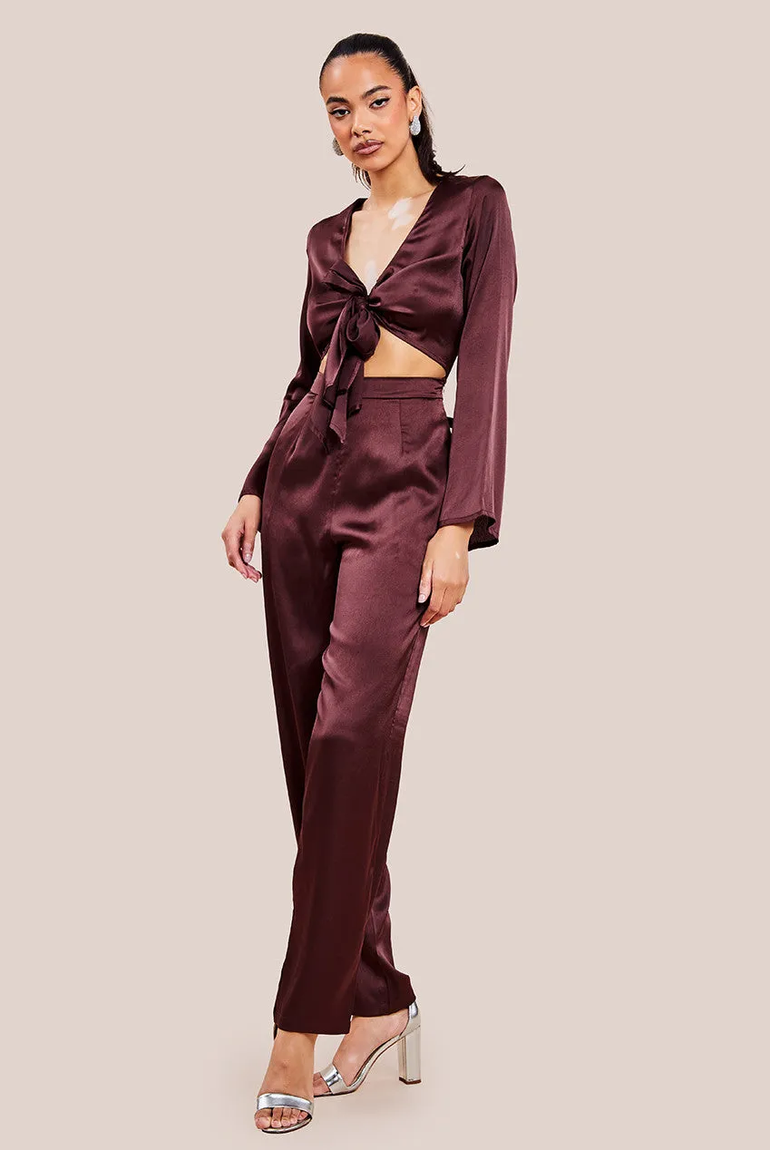 Goddiva Cut Out Satin Jumpsuit With Tie-Up