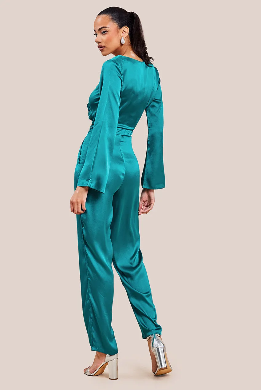 Goddiva Cut Out Satin Jumpsuit With Tie-Up