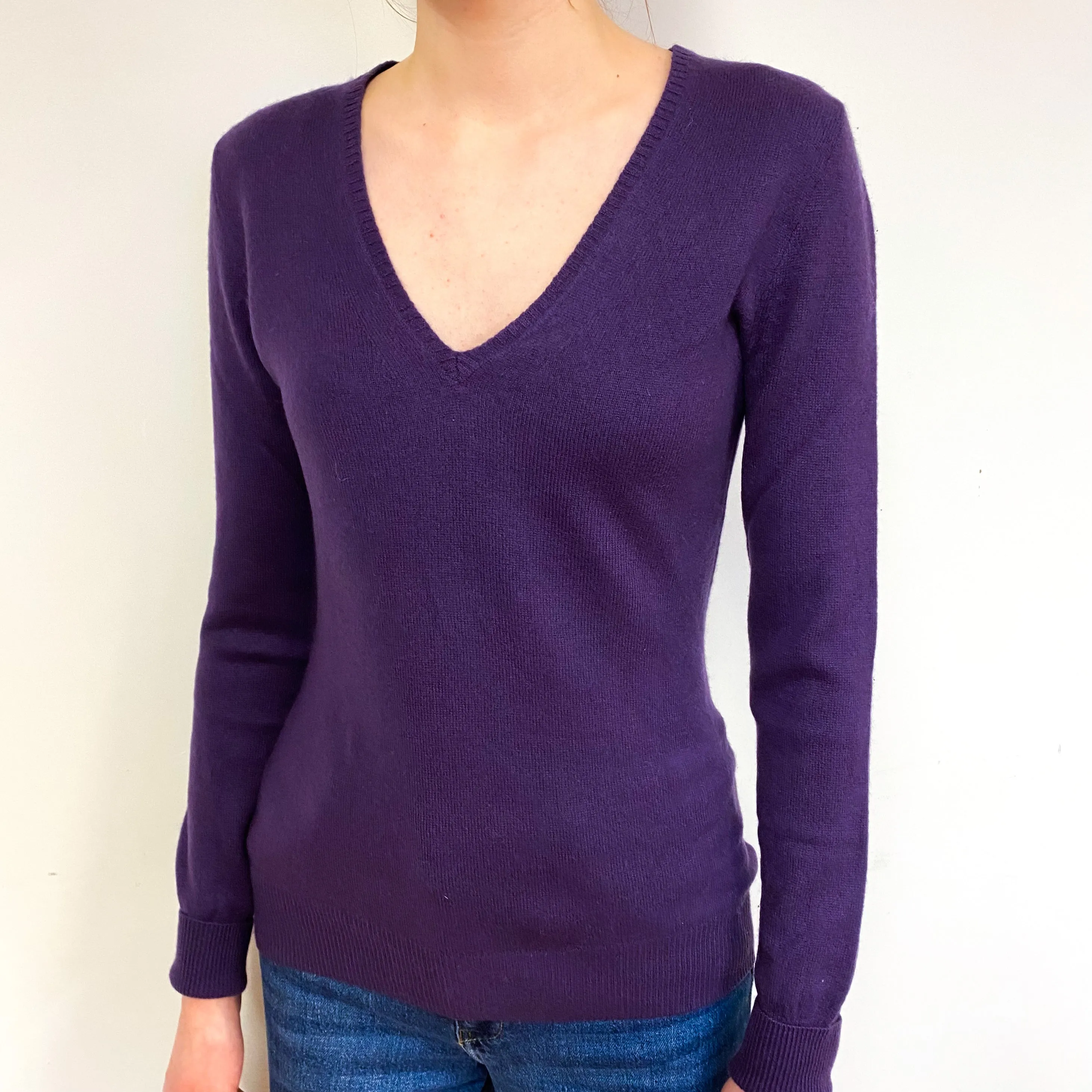 Grape Purple Cashmere V-Neck Jumper Extra Small