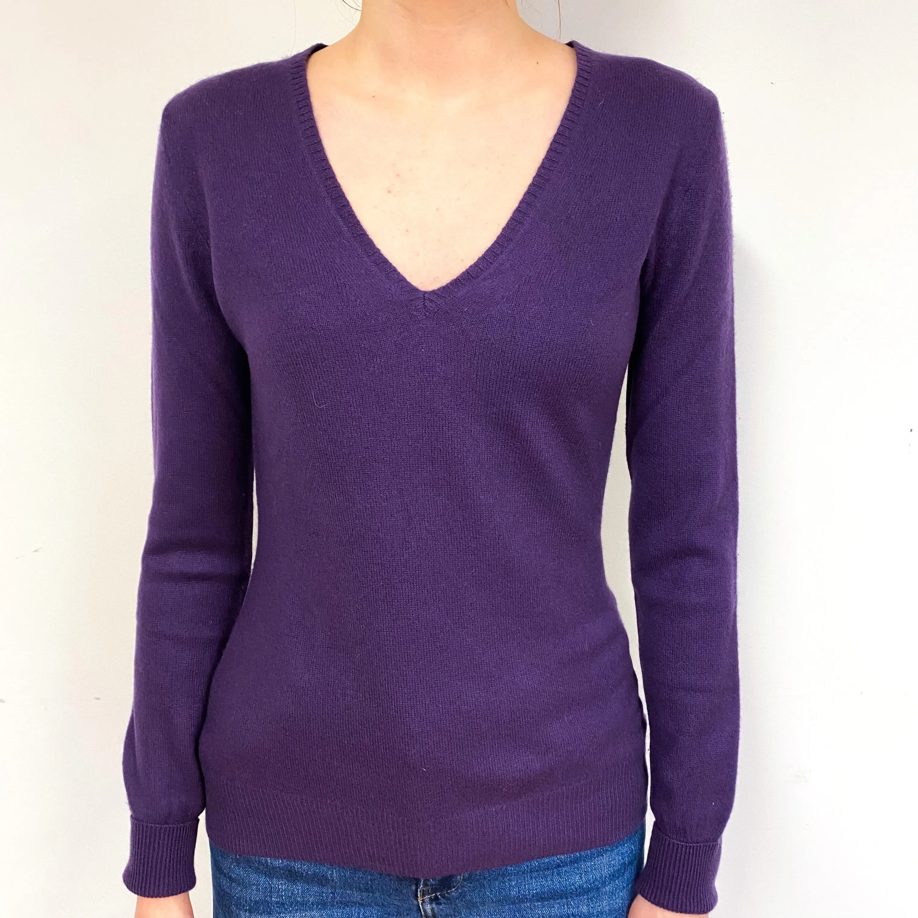Grape Purple Cashmere V-Neck Jumper Extra Small