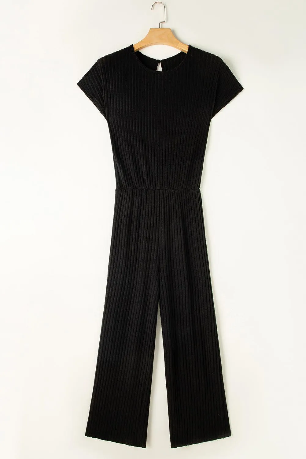 Grass Green Solid Color Ribbed Short Sleeve Wide Leg Jumpsuit