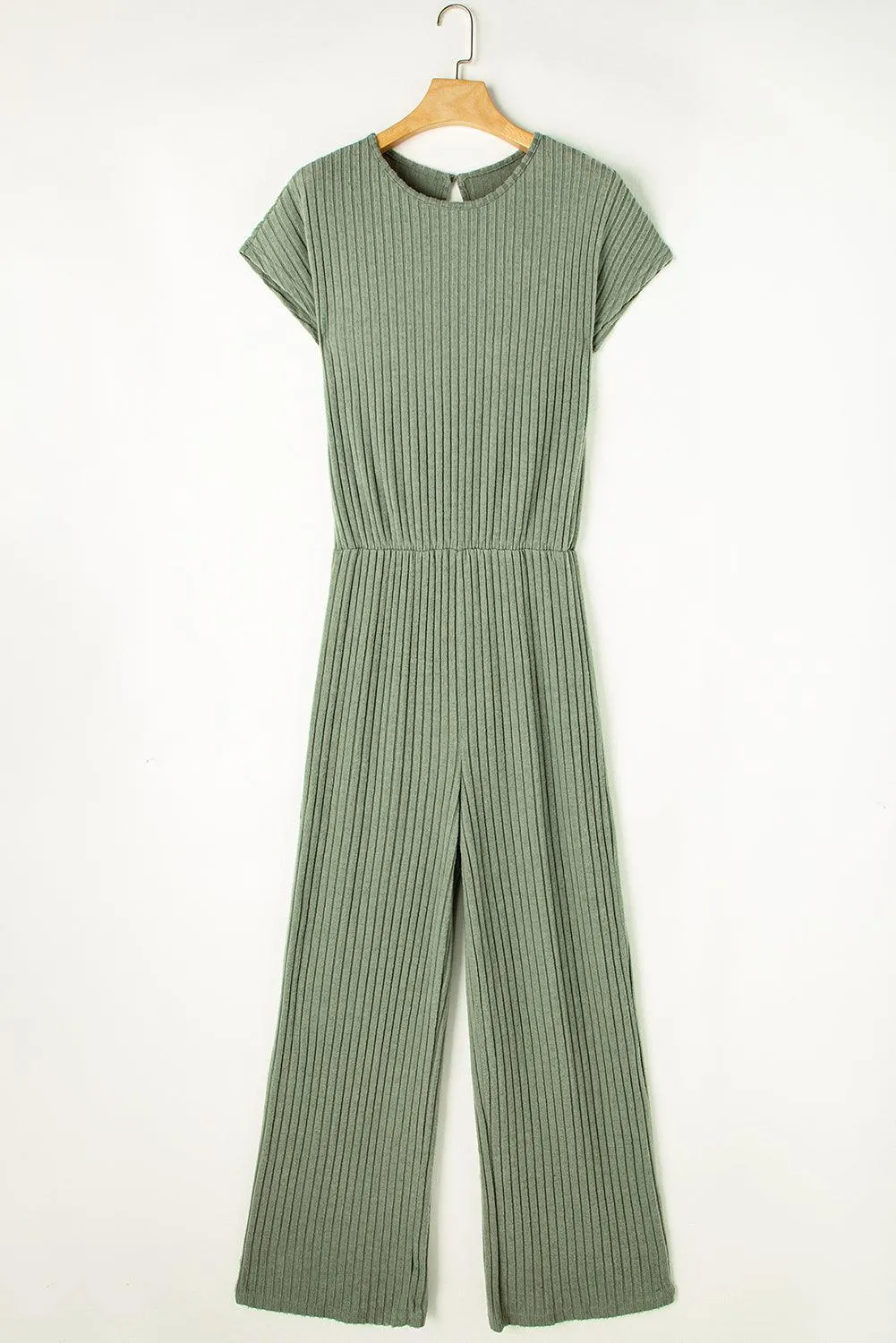 Grass Green Solid Color Ribbed Short Sleeve Wide Leg Jumpsuit