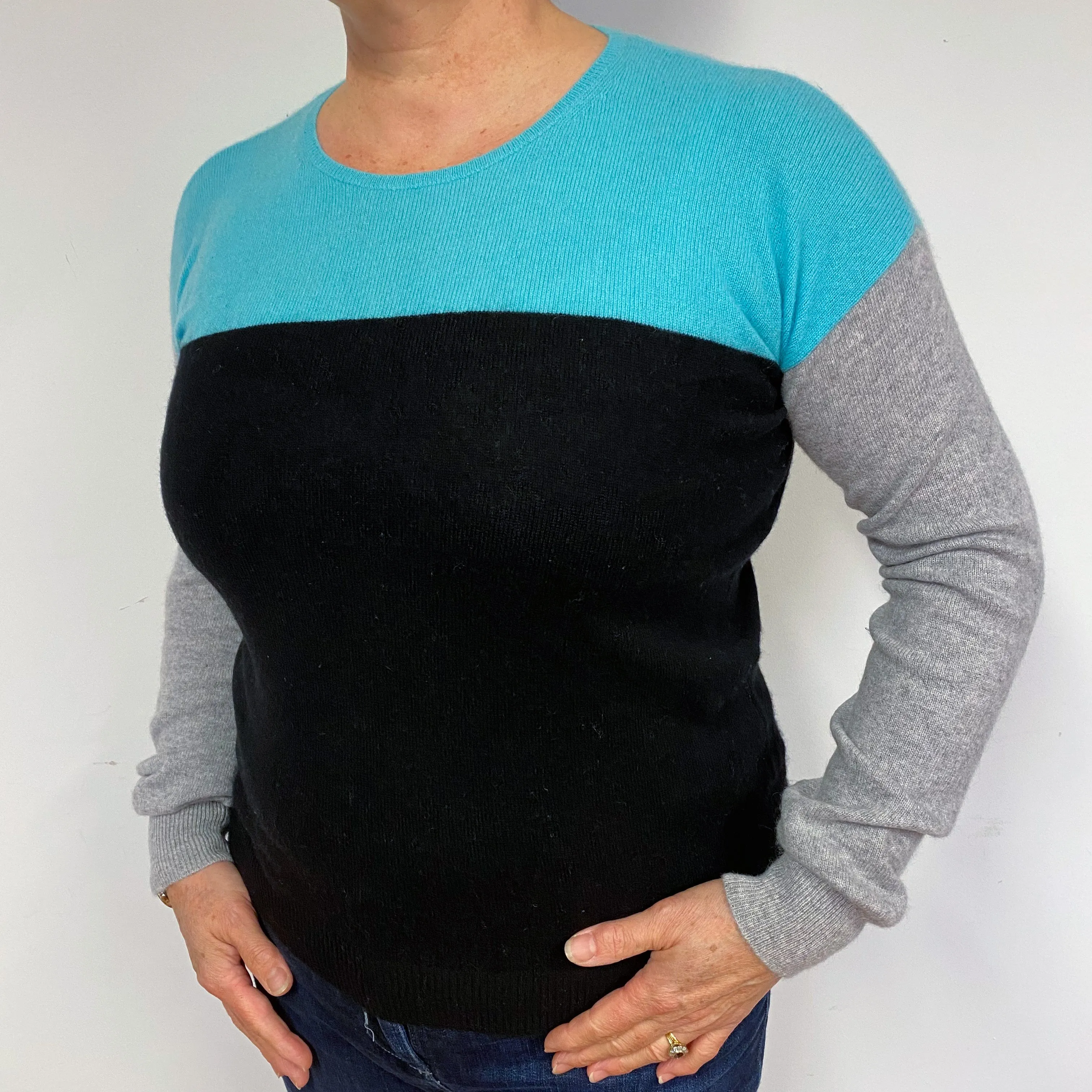 Green and Grey Colour Block Cashmere Crew Neck Jumper Large