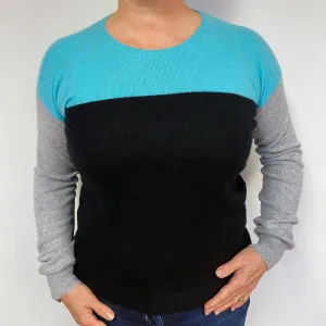 Green and Grey Colour Block Cashmere Crew Neck Jumper Large