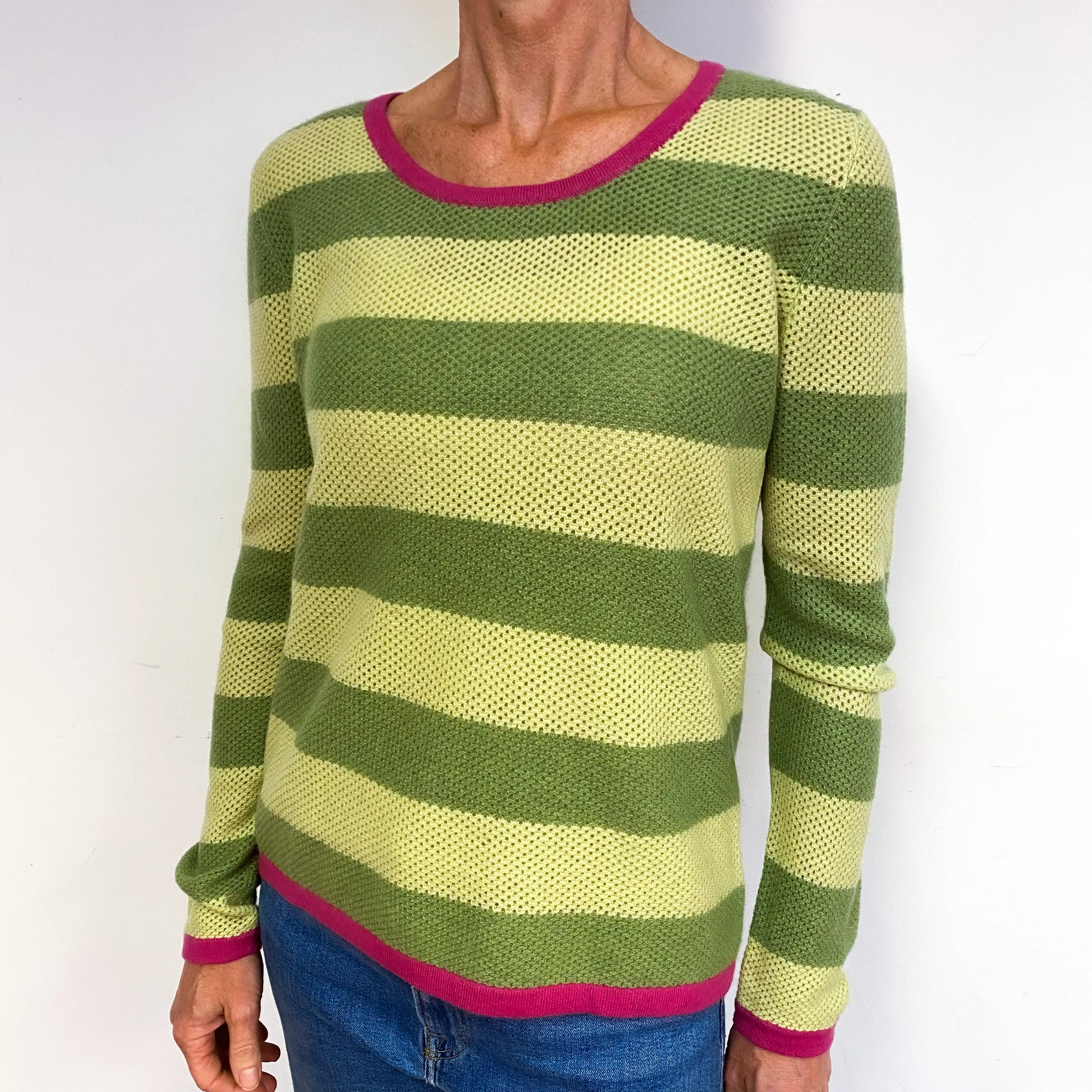 Green Stripe Waffle Cashmere Crew Neck Jumper Medium