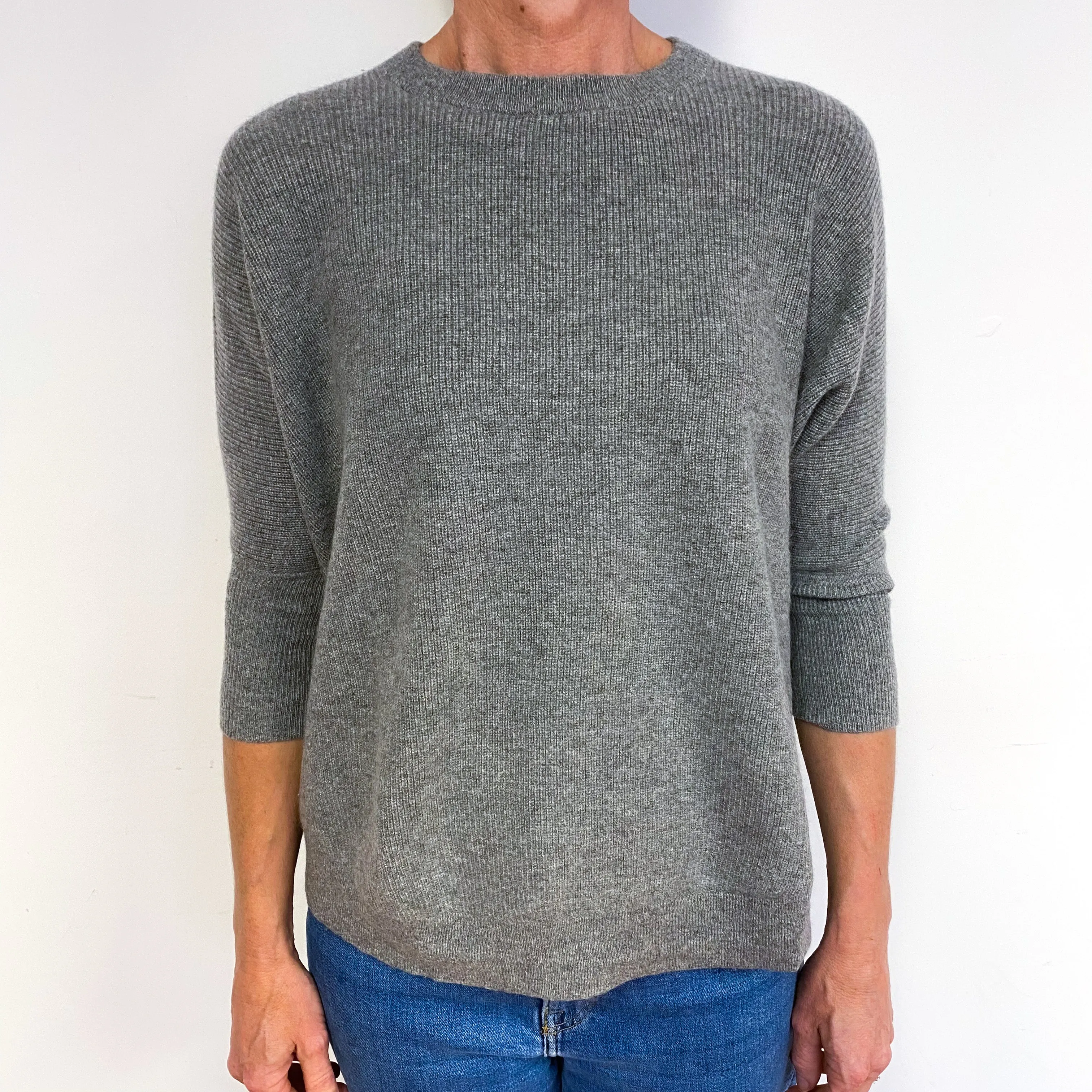 Grey 3/4 Sleeve Boxy Cashmere Crew Neck Jumper Medium