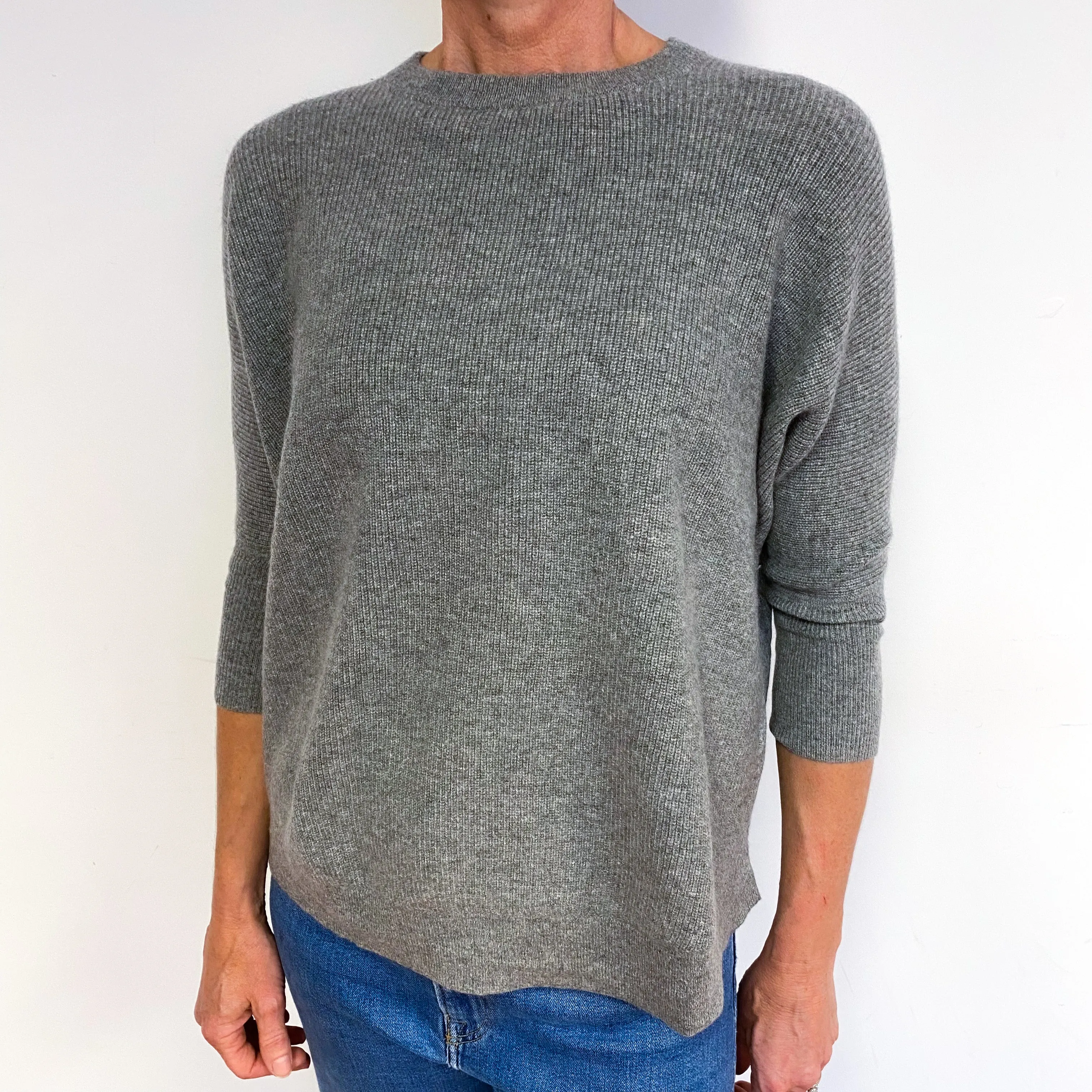Grey 3/4 Sleeve Boxy Cashmere Crew Neck Jumper Medium