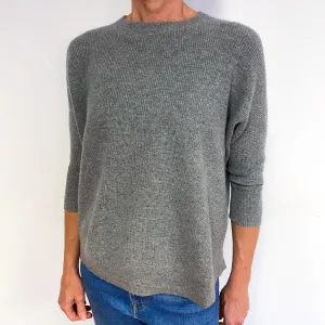 Grey 3/4 Sleeve Boxy Cashmere Crew Neck Jumper Medium