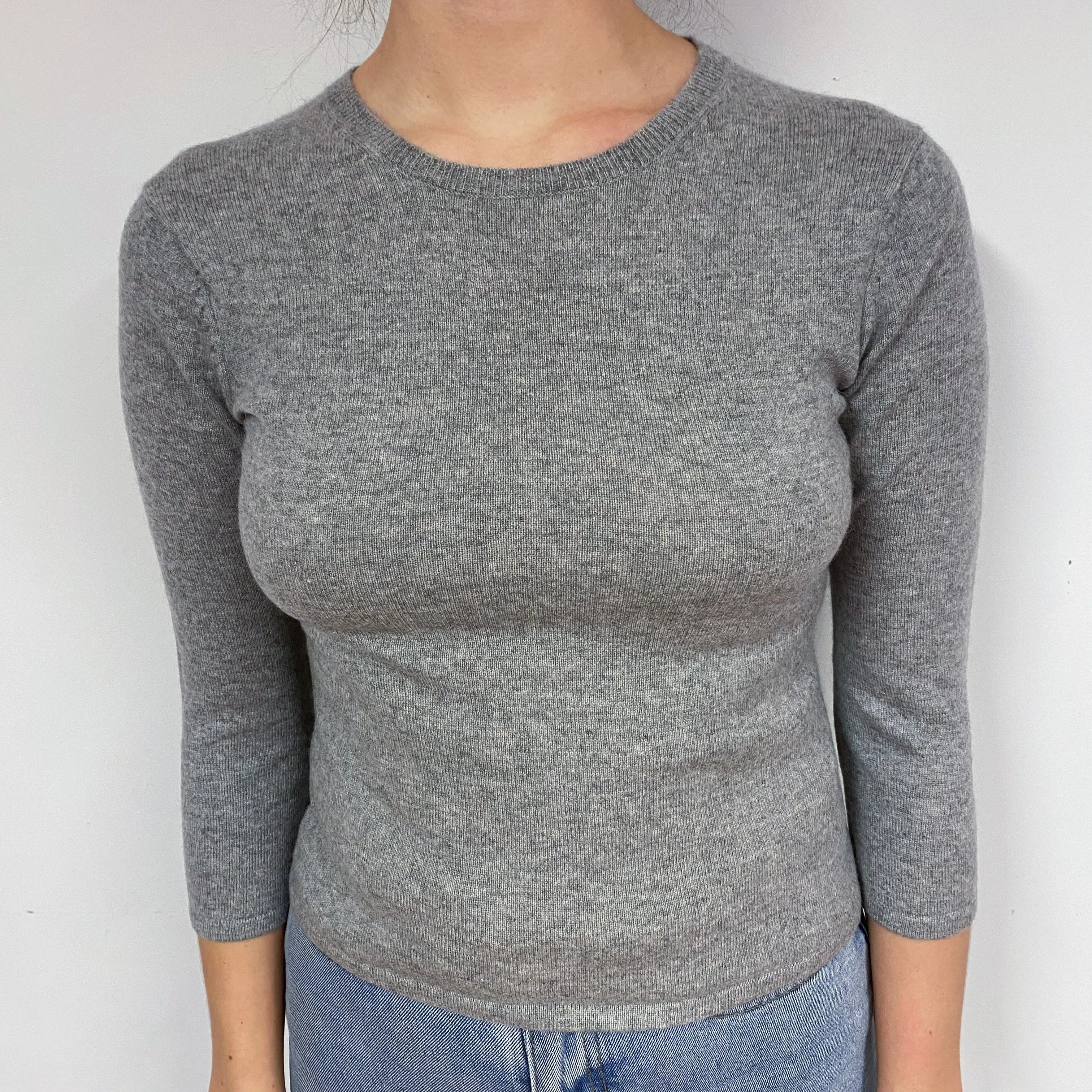Grey 3/4 Sleeve Cashmere Crew Neck Jumper Small