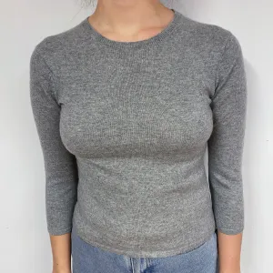 Grey 3/4 Sleeve Cashmere Crew Neck Jumper Small