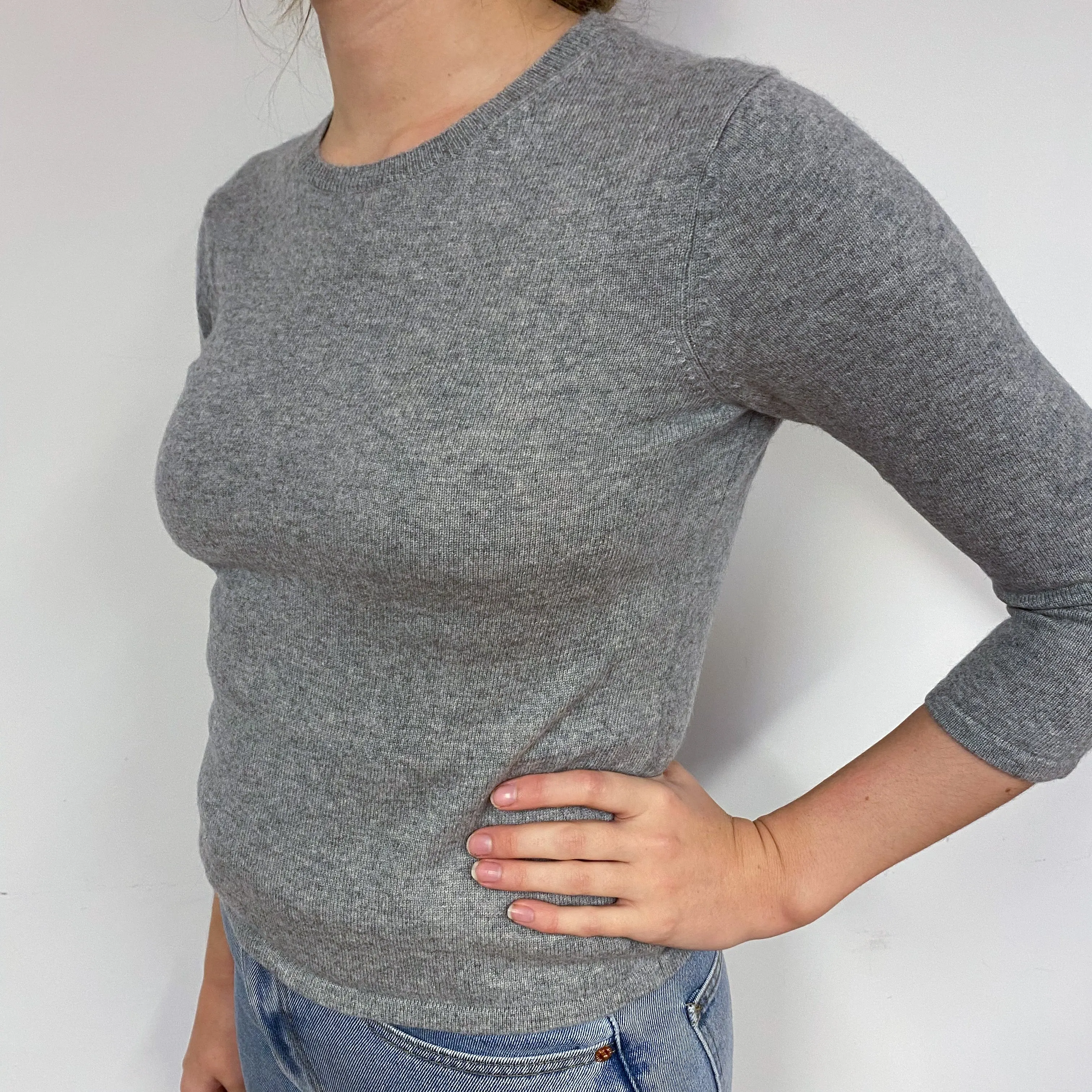 Grey 3/4 Sleeve Cashmere Crew Neck Jumper Small
