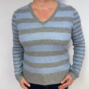 Grey and Blue Stripe Cashmere V-Neck Jumper Large