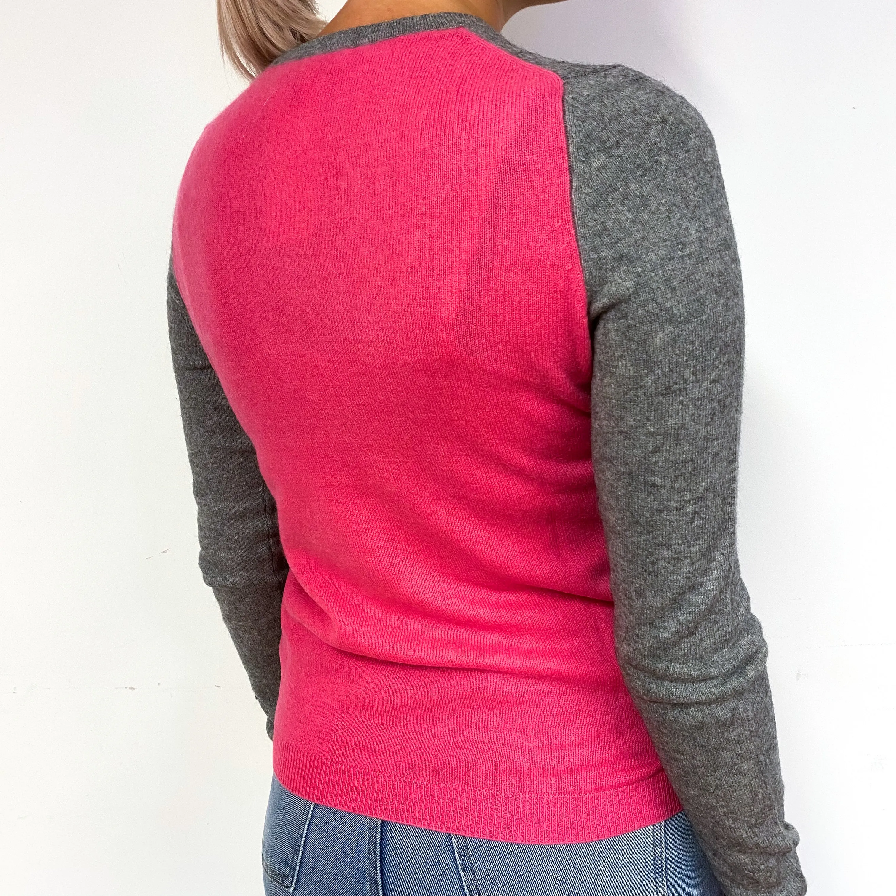 Grey and Pink Two Tone Cashmere Crew Neck Jumper Small