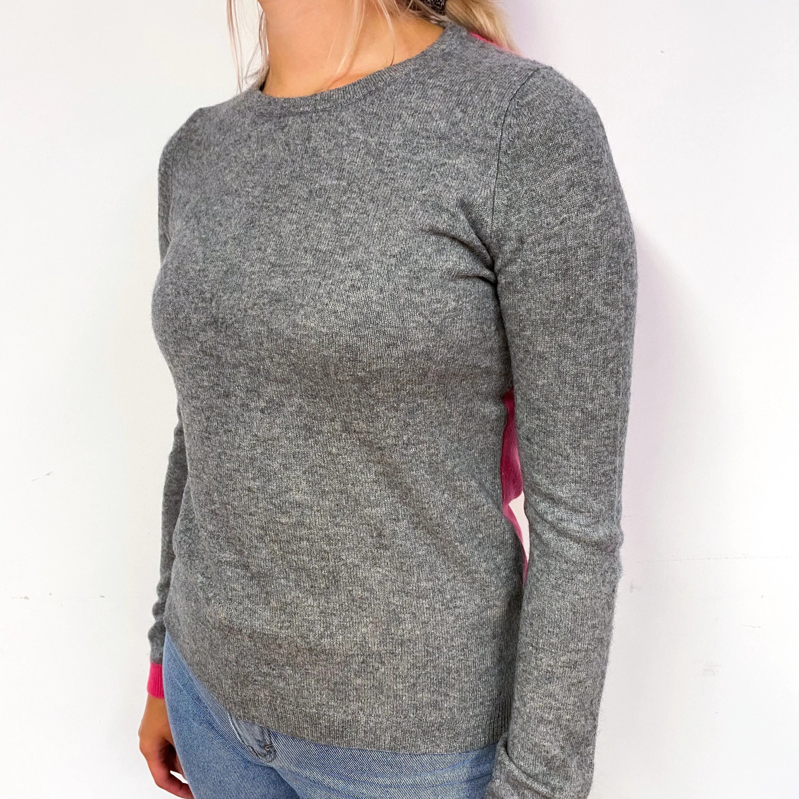 Grey and Pink Two Tone Cashmere Crew Neck Jumper Small