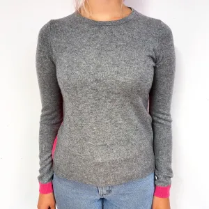 Grey and Pink Two Tone Cashmere Crew Neck Jumper Small