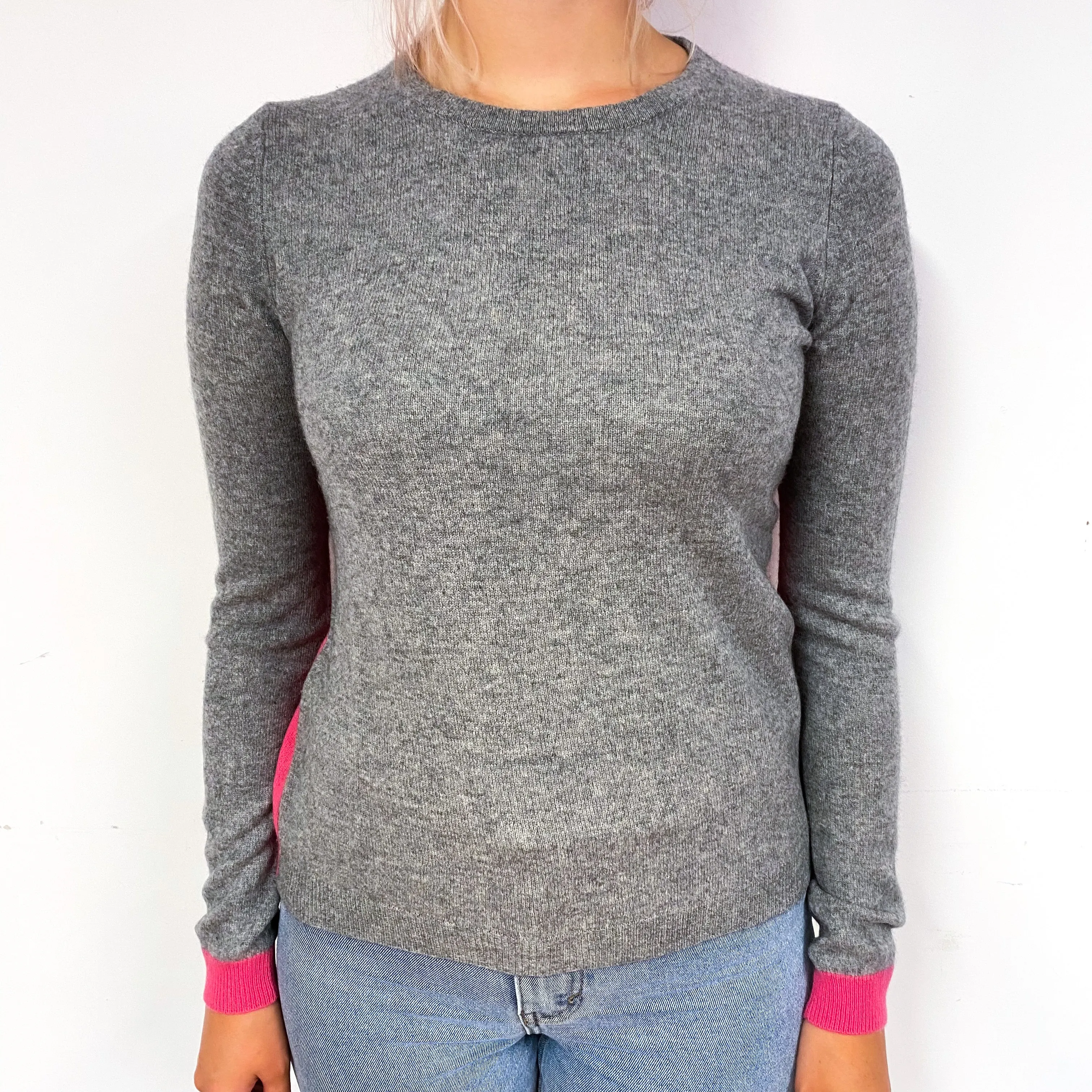 Grey and Pink Two Tone Cashmere Crew Neck Jumper Small
