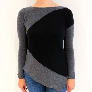 Grey Black Asymmetric Hem Cashmere Crew Neck Jumper Small