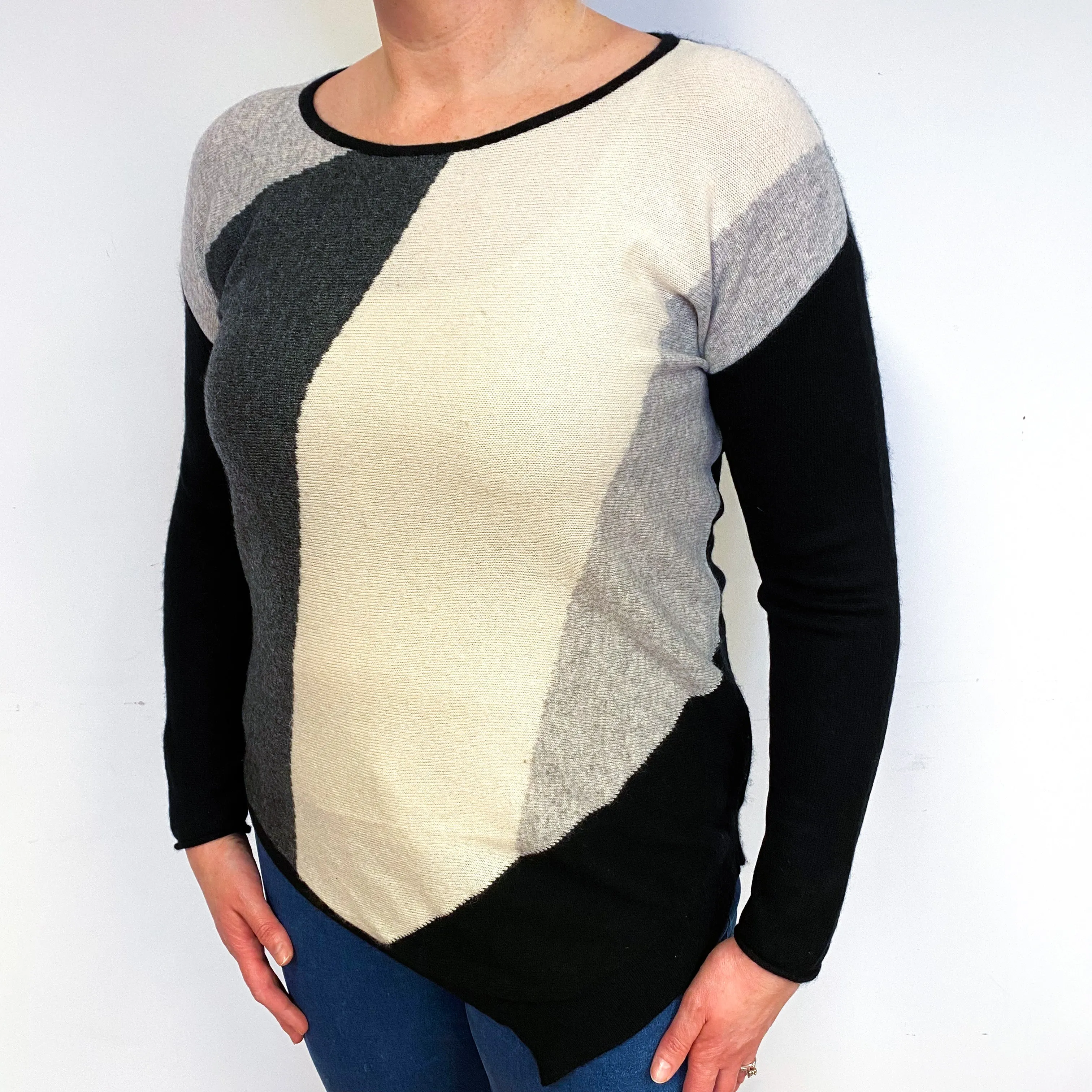 Grey Black Colour Block Cashmere Crew Neck Jumper Large