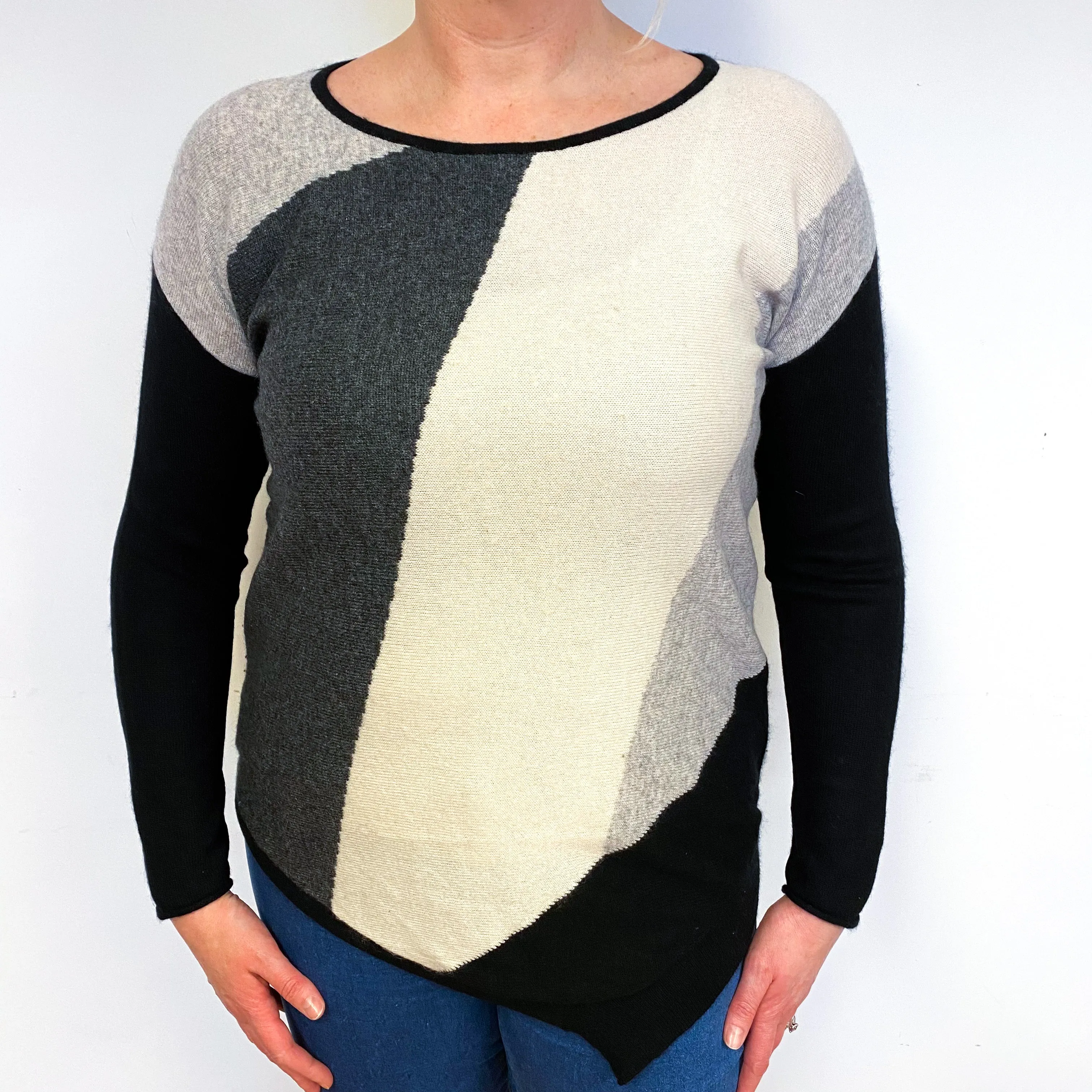 Grey Black Colour Block Cashmere Crew Neck Jumper Large