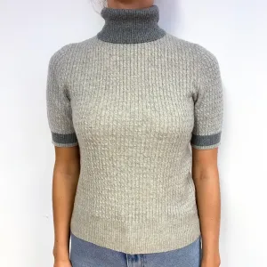 Grey Cable Short Sleeve Cashmere Polo Neck Jumper Small