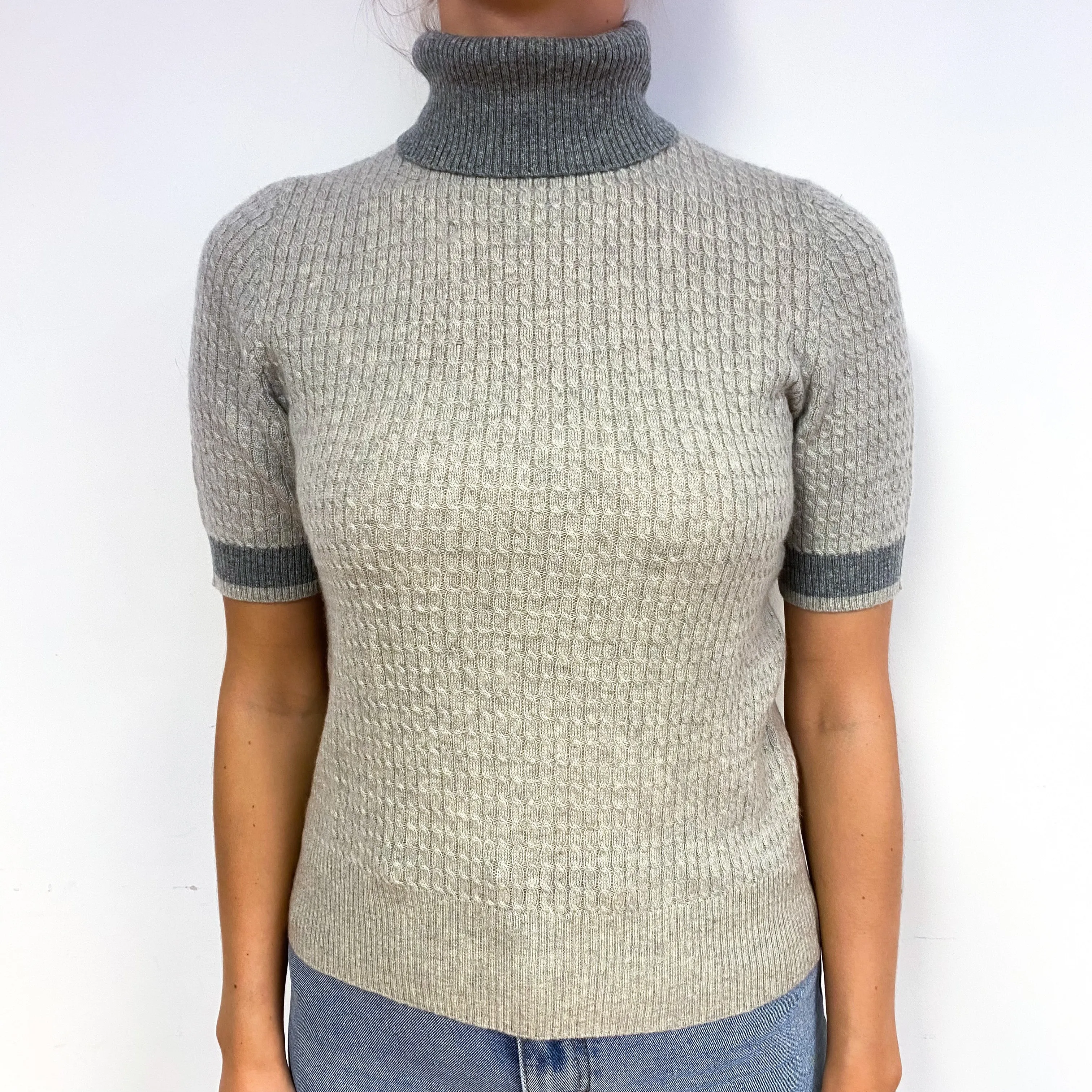 Grey Cable Short Sleeve Cashmere Polo Neck Jumper Small