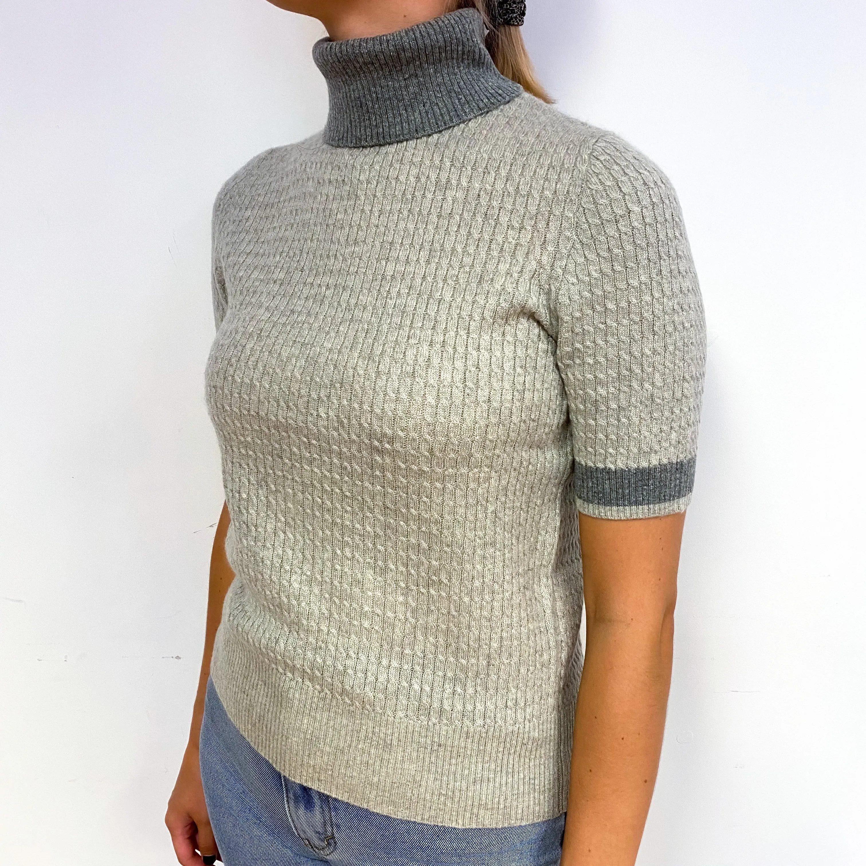 Grey Cable Short Sleeve Cashmere Polo Neck Jumper Small