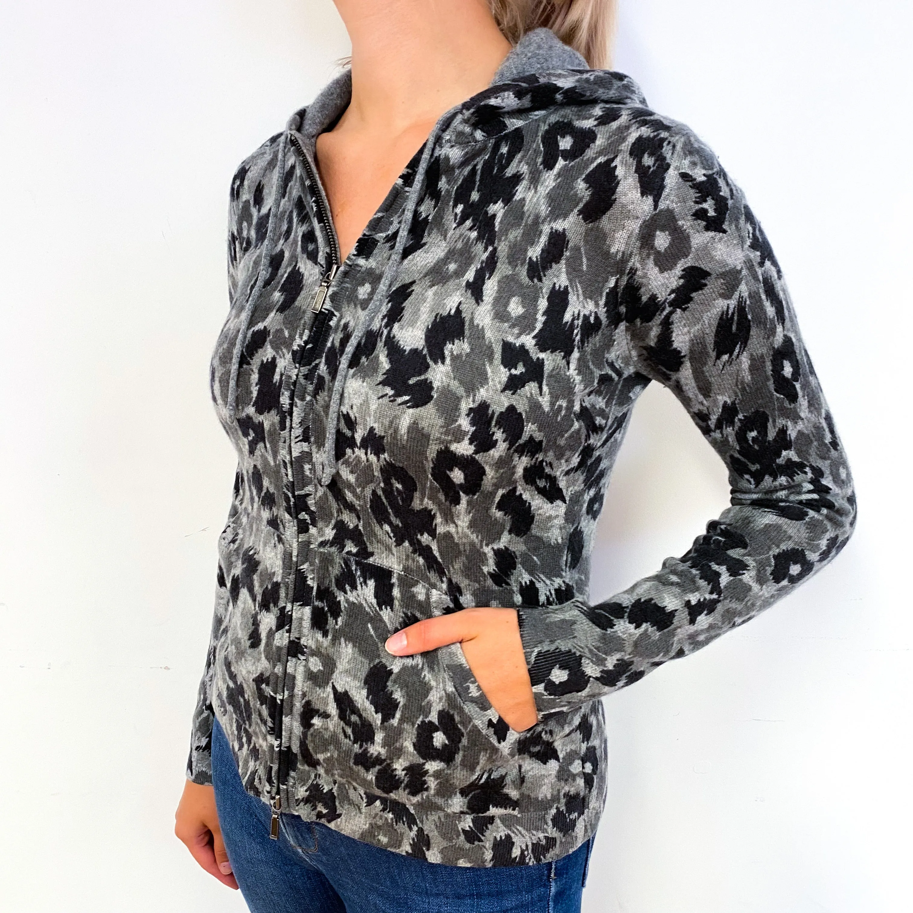 Grey Camouflage Cashmere Zip Up Hoodie with Pockets Small