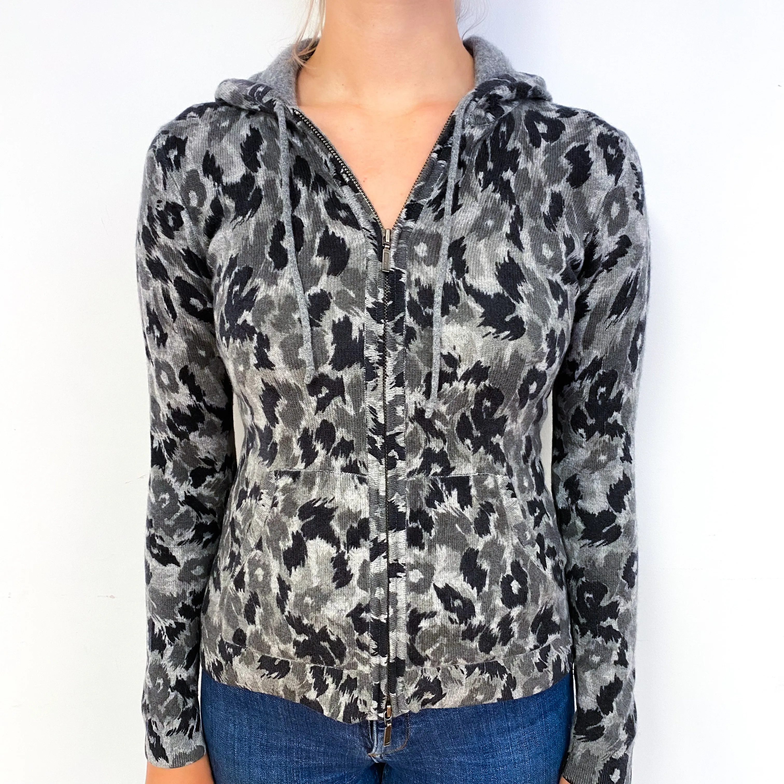 Grey Camouflage Cashmere Zip Up Hoodie with Pockets Small