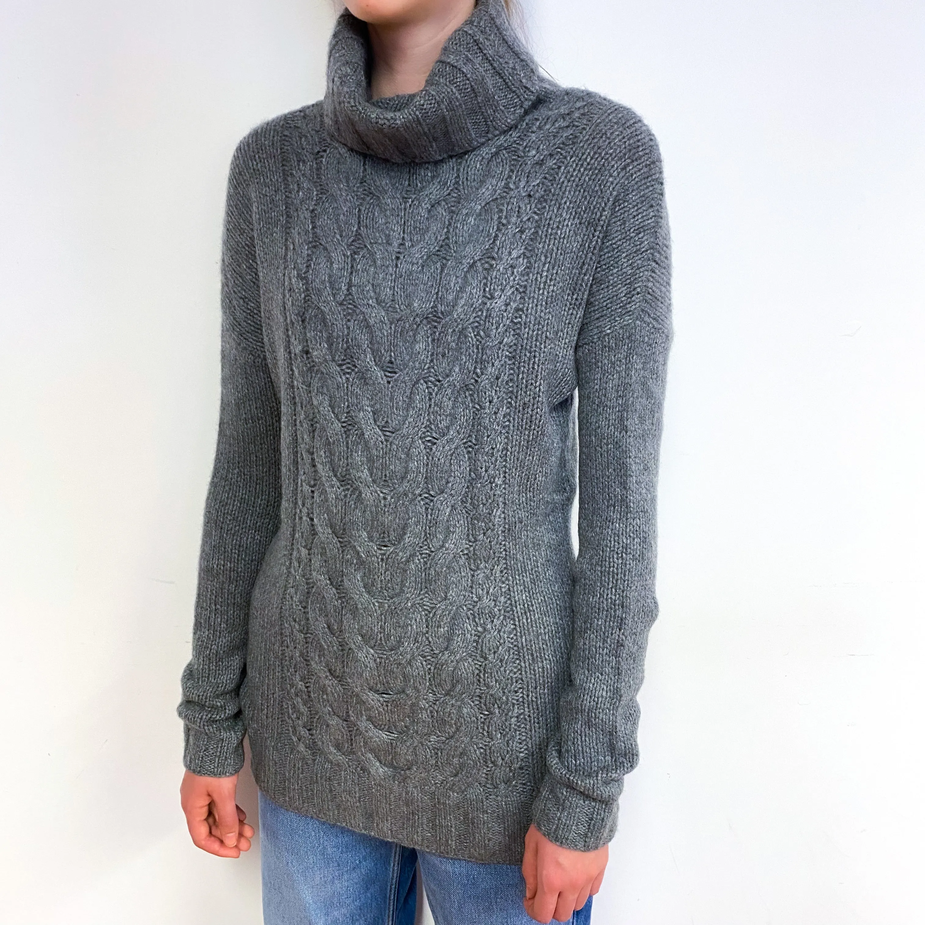 Grey Chunky Cable Cashmere Polo Neck Jumper Extra Small