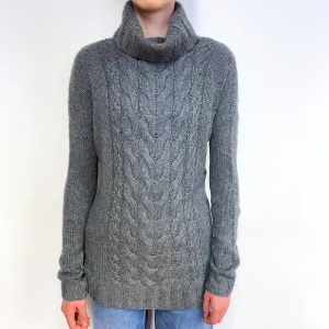 Grey Chunky Cable Cashmere Polo Neck Jumper Extra Small