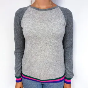 Grey Colourful Trim Cashmere Crew Neck Jumper Small