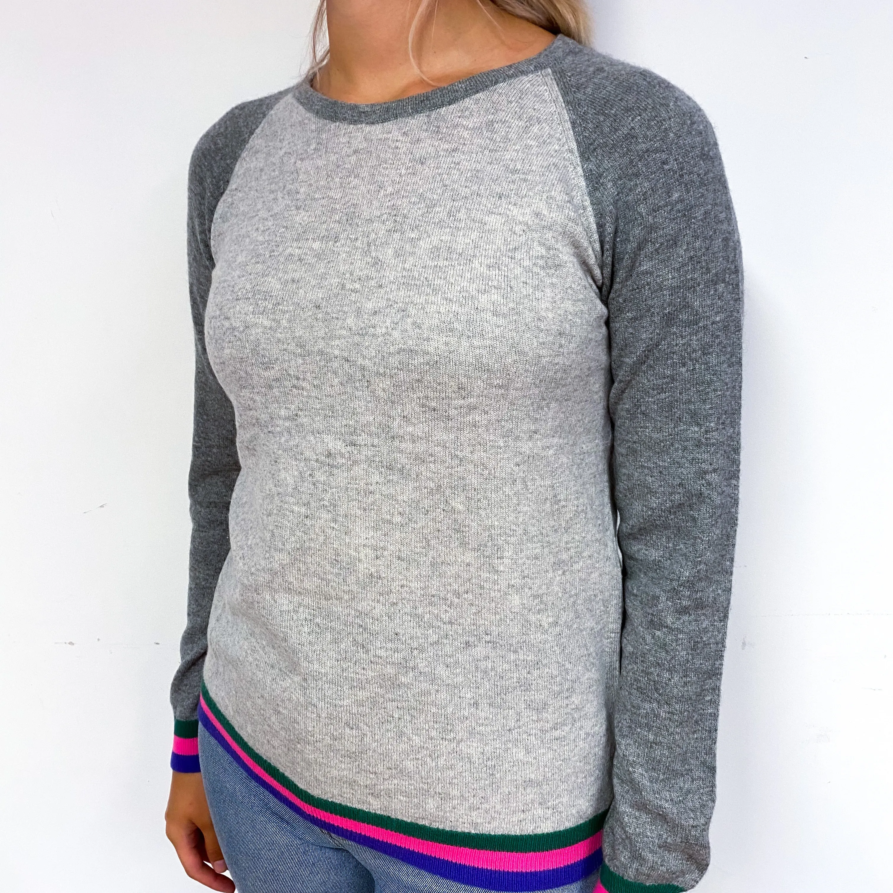 Grey Colourful Trim Cashmere Crew Neck Jumper Small
