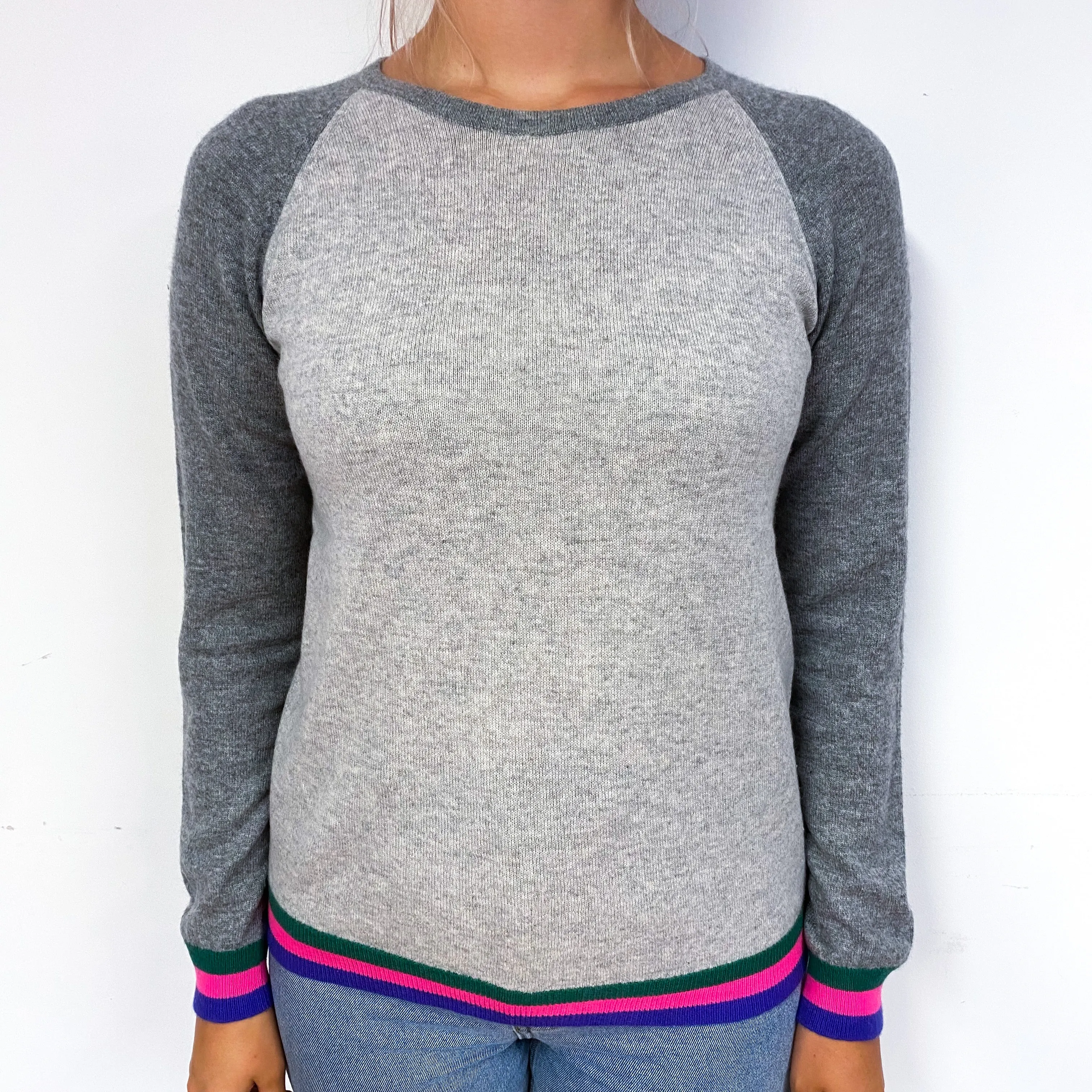 Grey Colourful Trim Cashmere Crew Neck Jumper Small